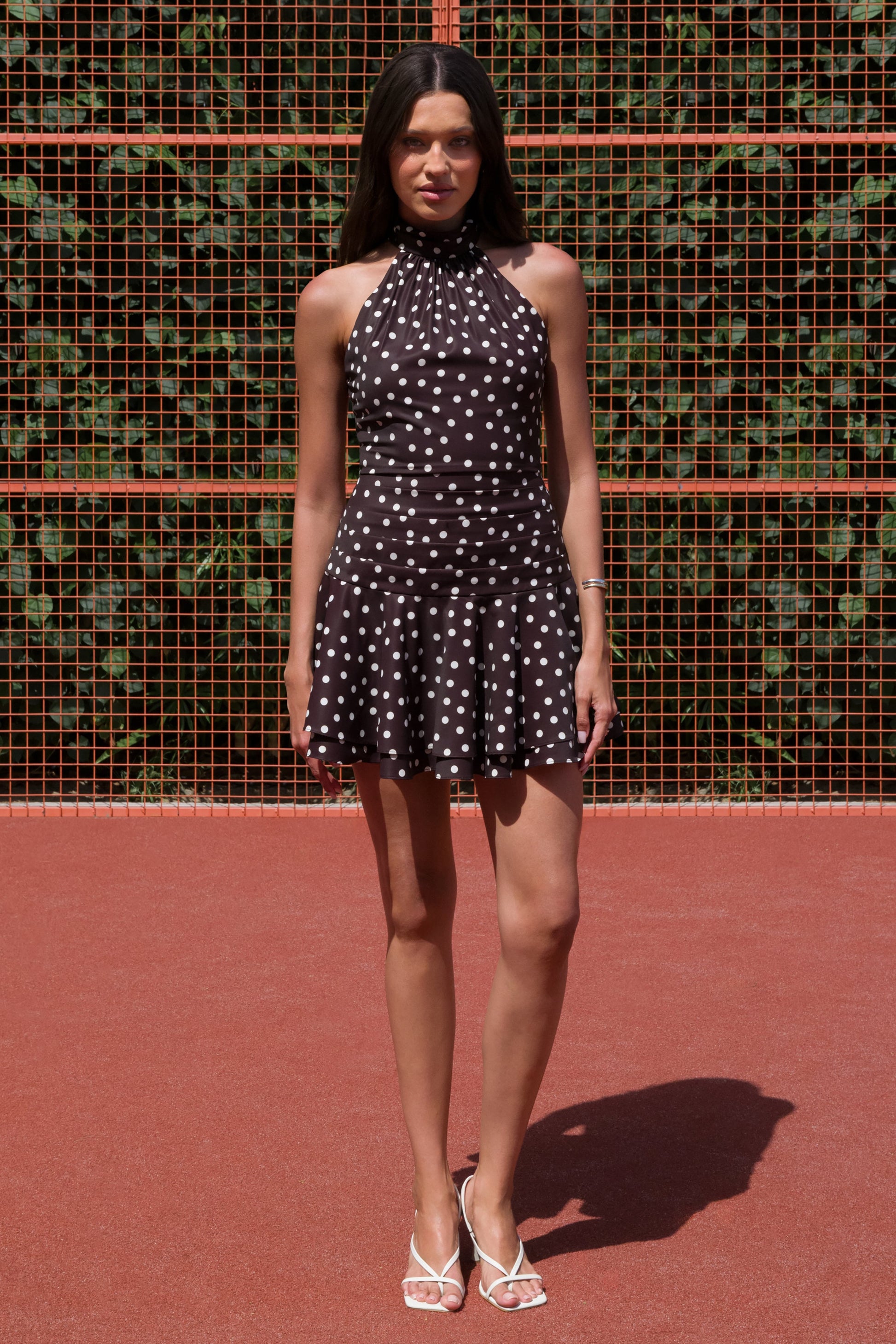 Florence | Brown and White Satin Halter-Neck Mini Dress