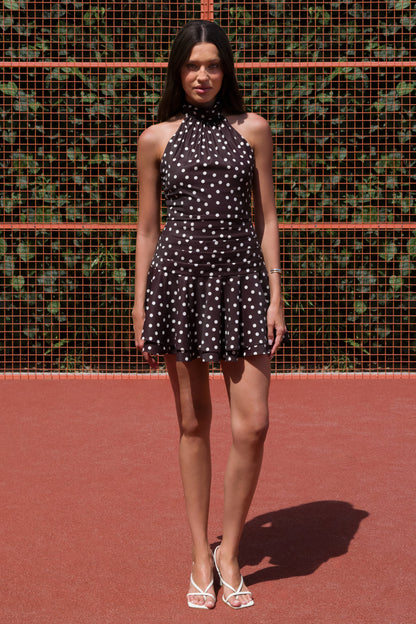 Florence | Brown and White Satin Halter-Neck Mini Dress