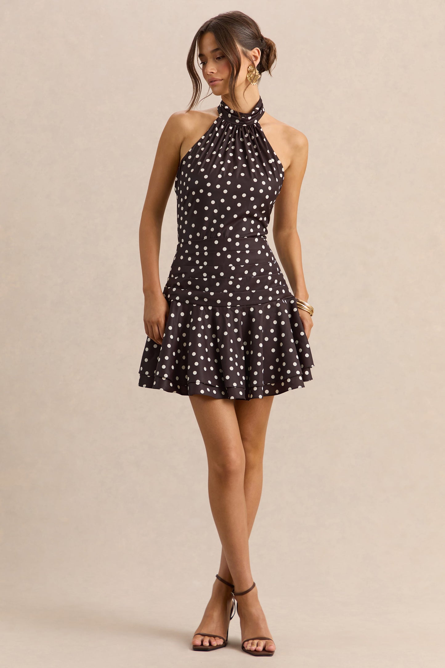 Florence | Brown and White Satin Halter-Neck Mini Dress