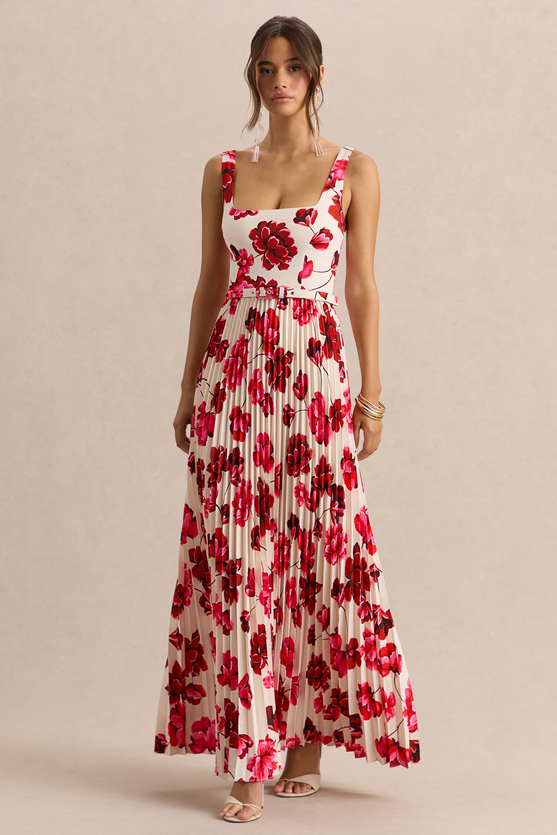 Danika | Hot Pink Floral Print Square-Neck Belted Maxi Dress With Pleated Skirt