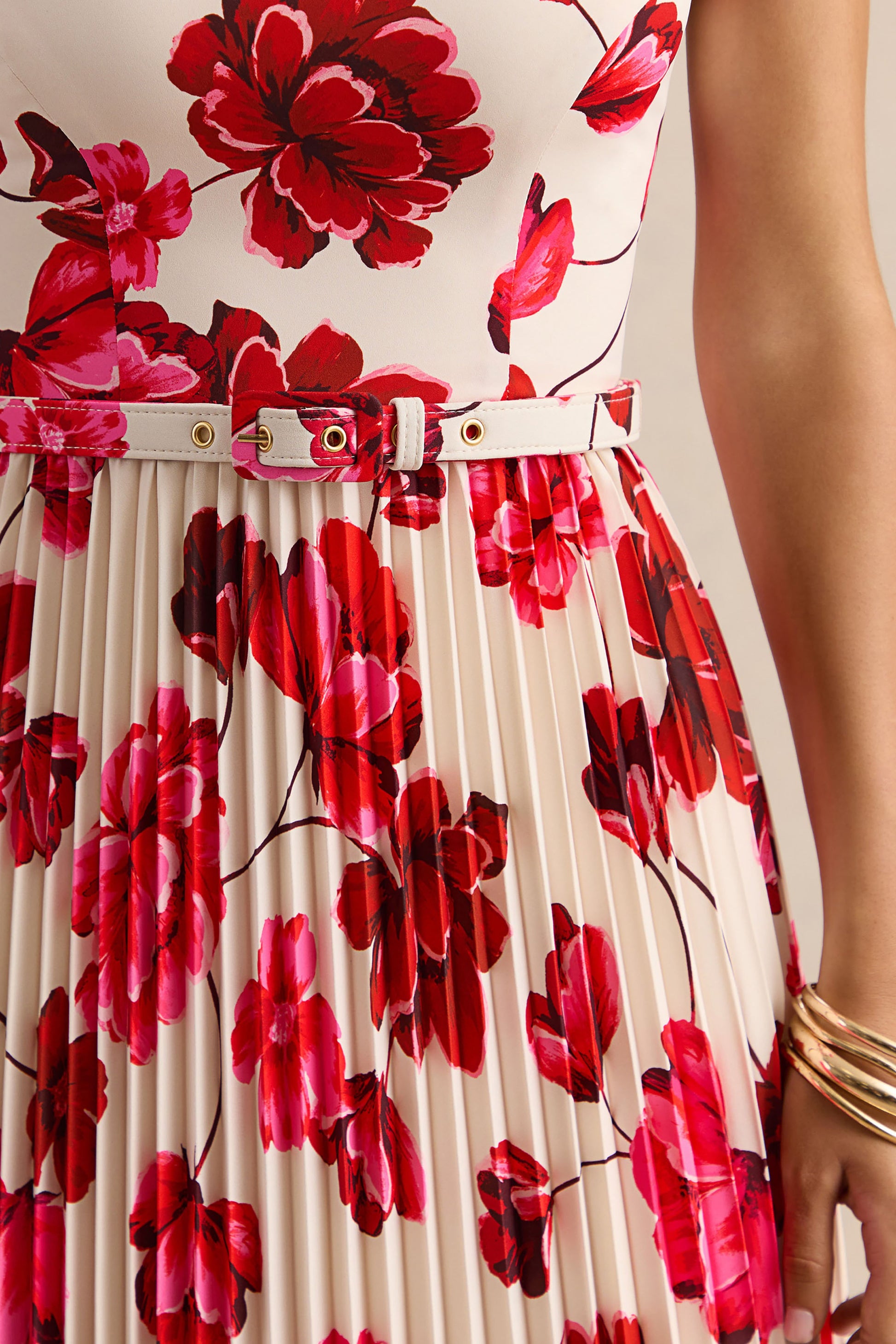 Danika | Hot Pink Floral Print Square-Neck Belted Maxi Dress With Pleated Skirt
