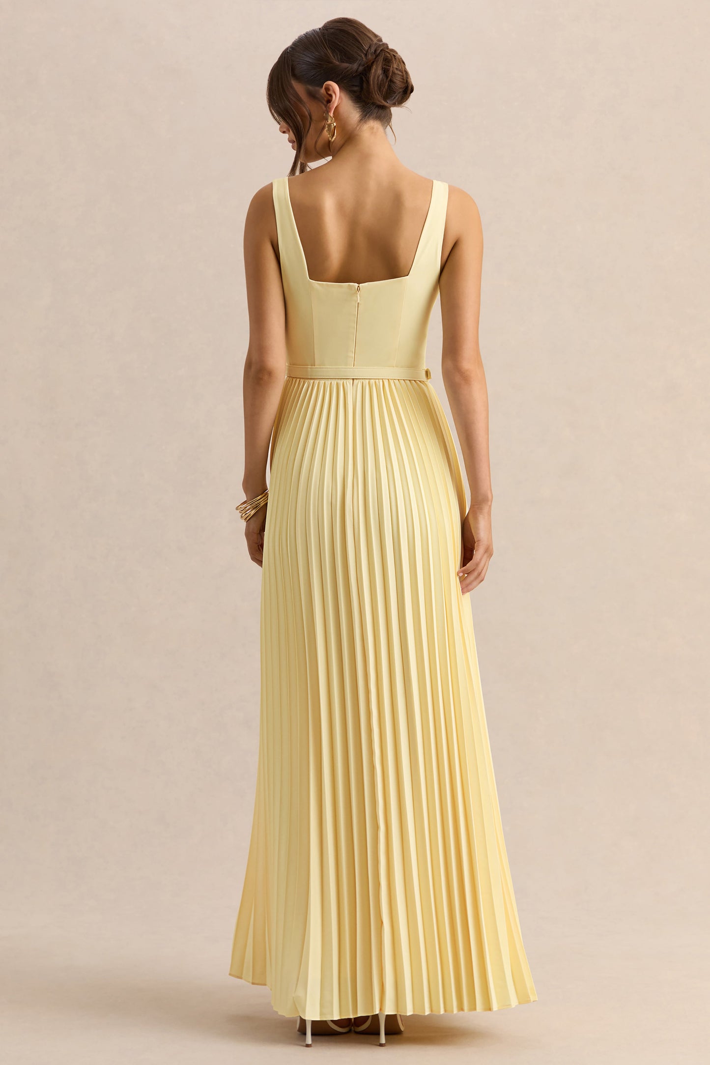 Danika | Lemon Square-Neck Belted Maxi Dress With Pleated Skirt