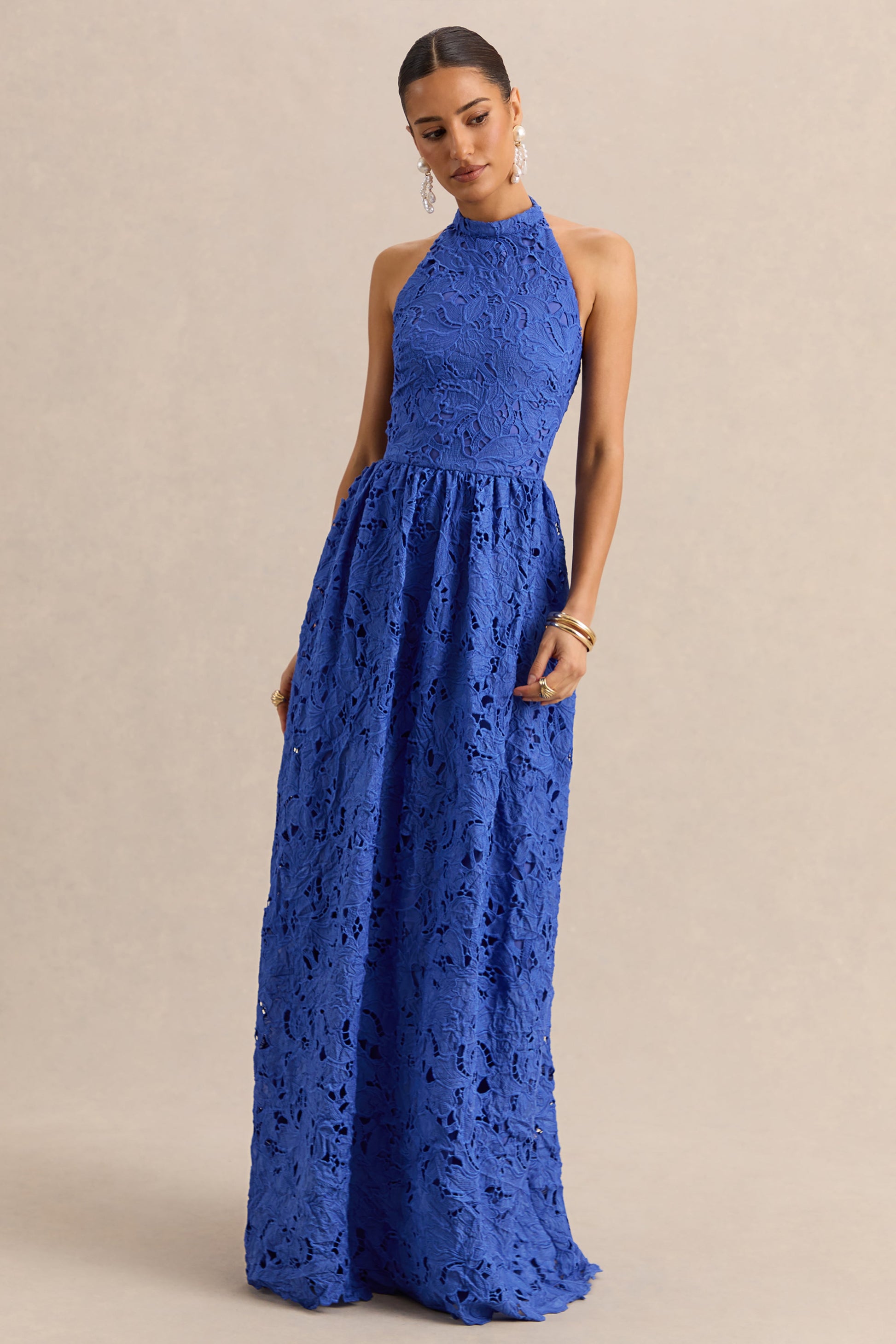 Indiana | Dark Blue Broderie Halter-Neck Maxi Dress