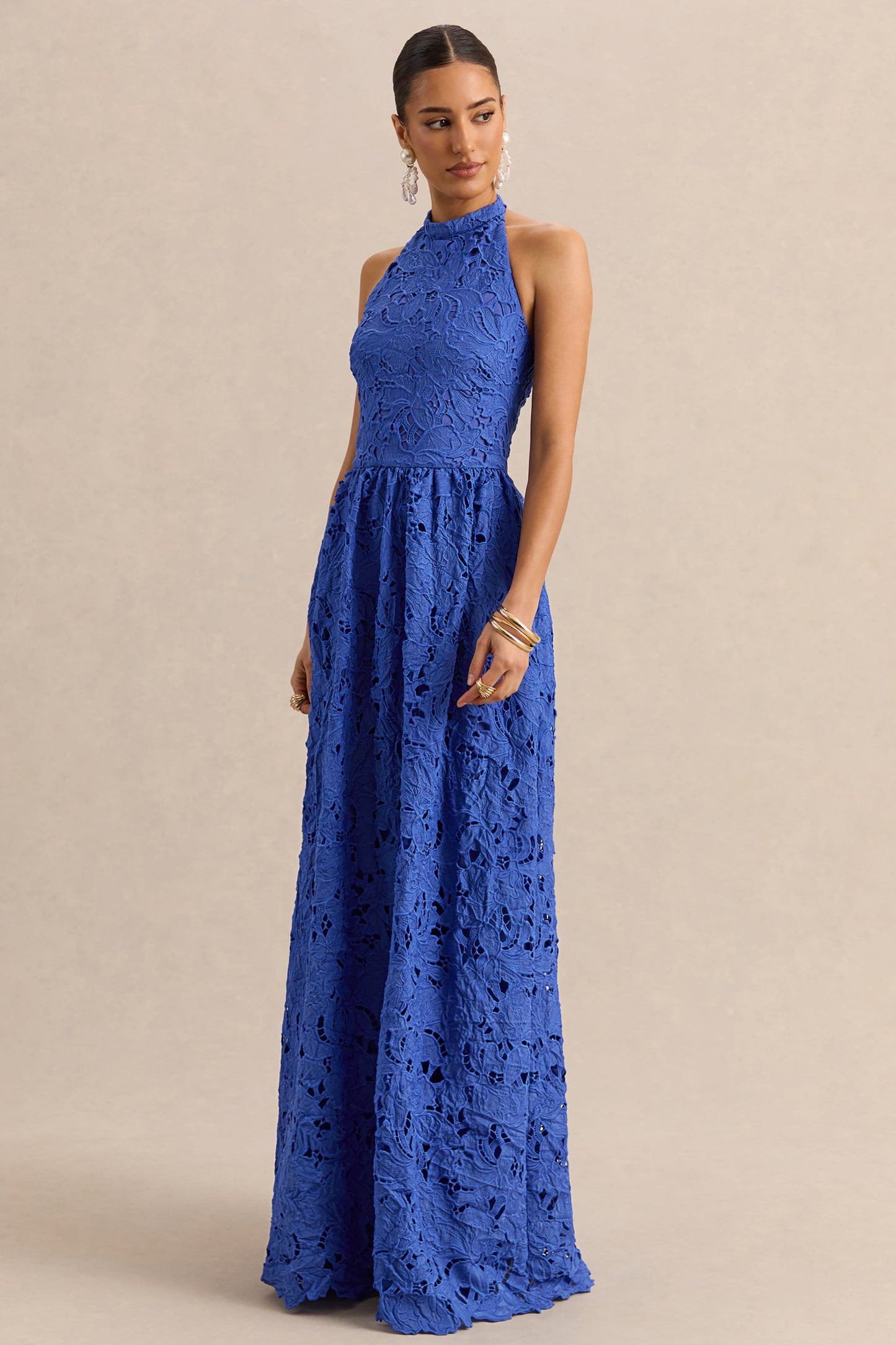 Indiana | Dark Blue Broderie Halter-Neck Maxi Dress