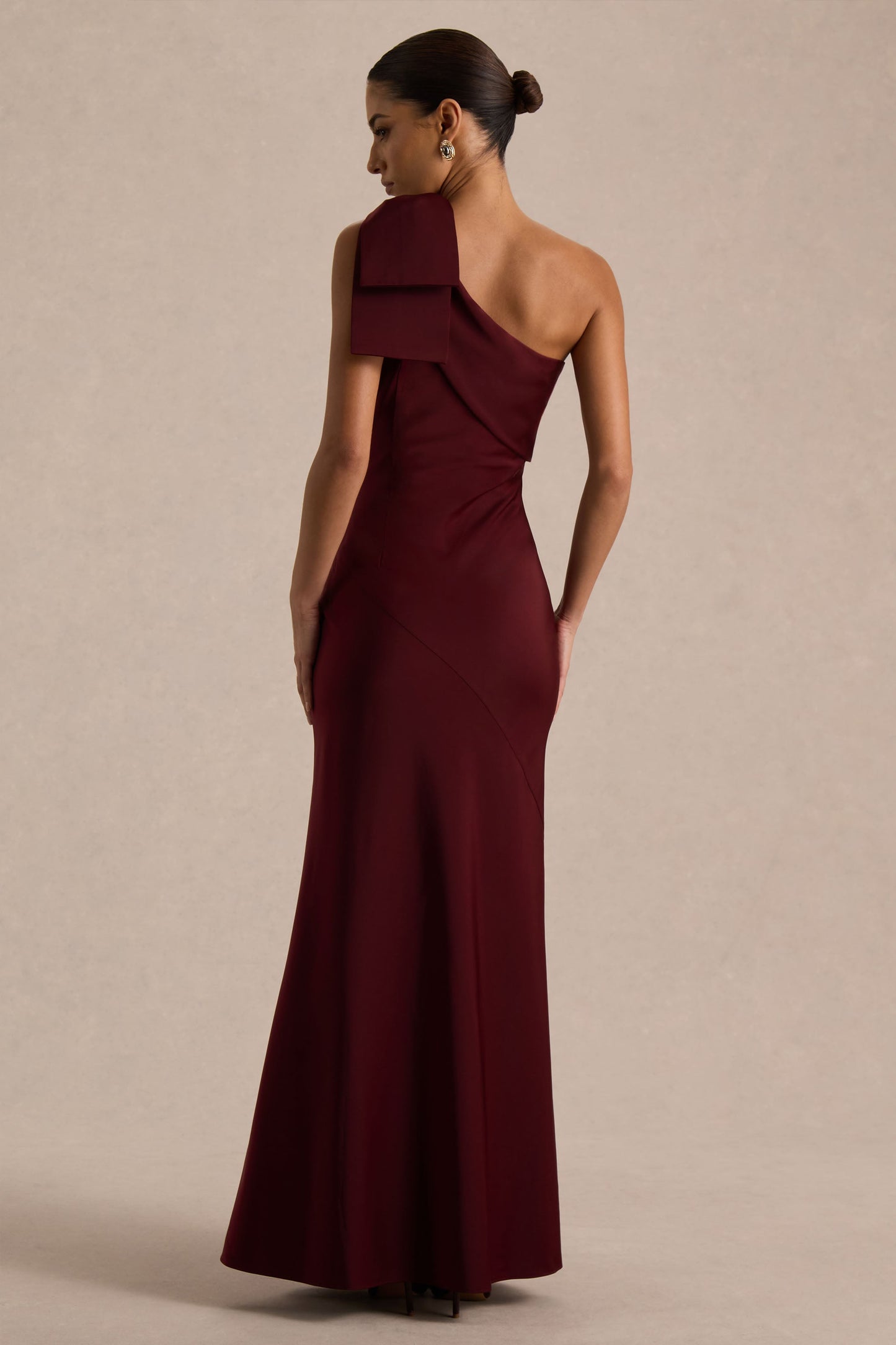 Josephine | Burgundy Matte Satin Asymmetric-Neck Maxi Dress With Bow Detail