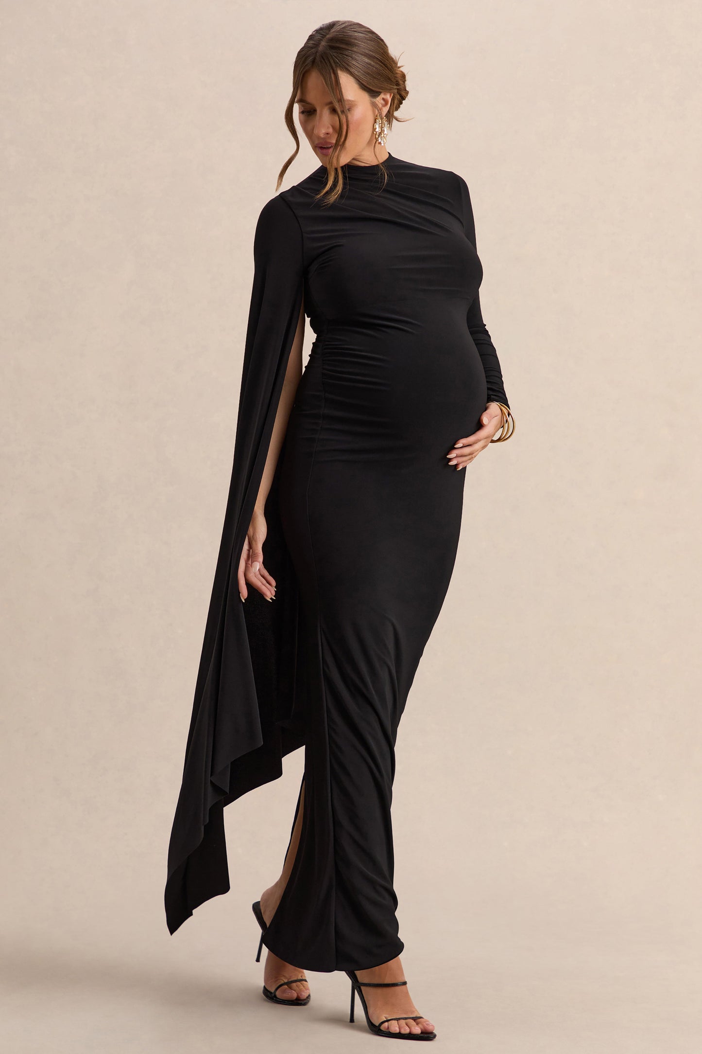 Lavinia | Black High-Neck Maternity Maxi Dress With Cape-Sleeve