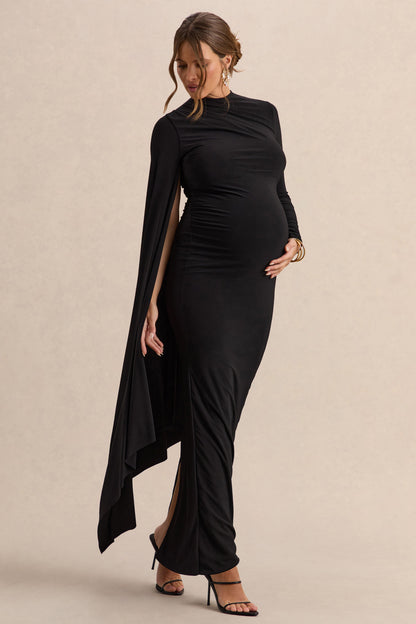 Lavinia | Black High-Neck Maternity Maxi Dress With Cape-Sleeve
