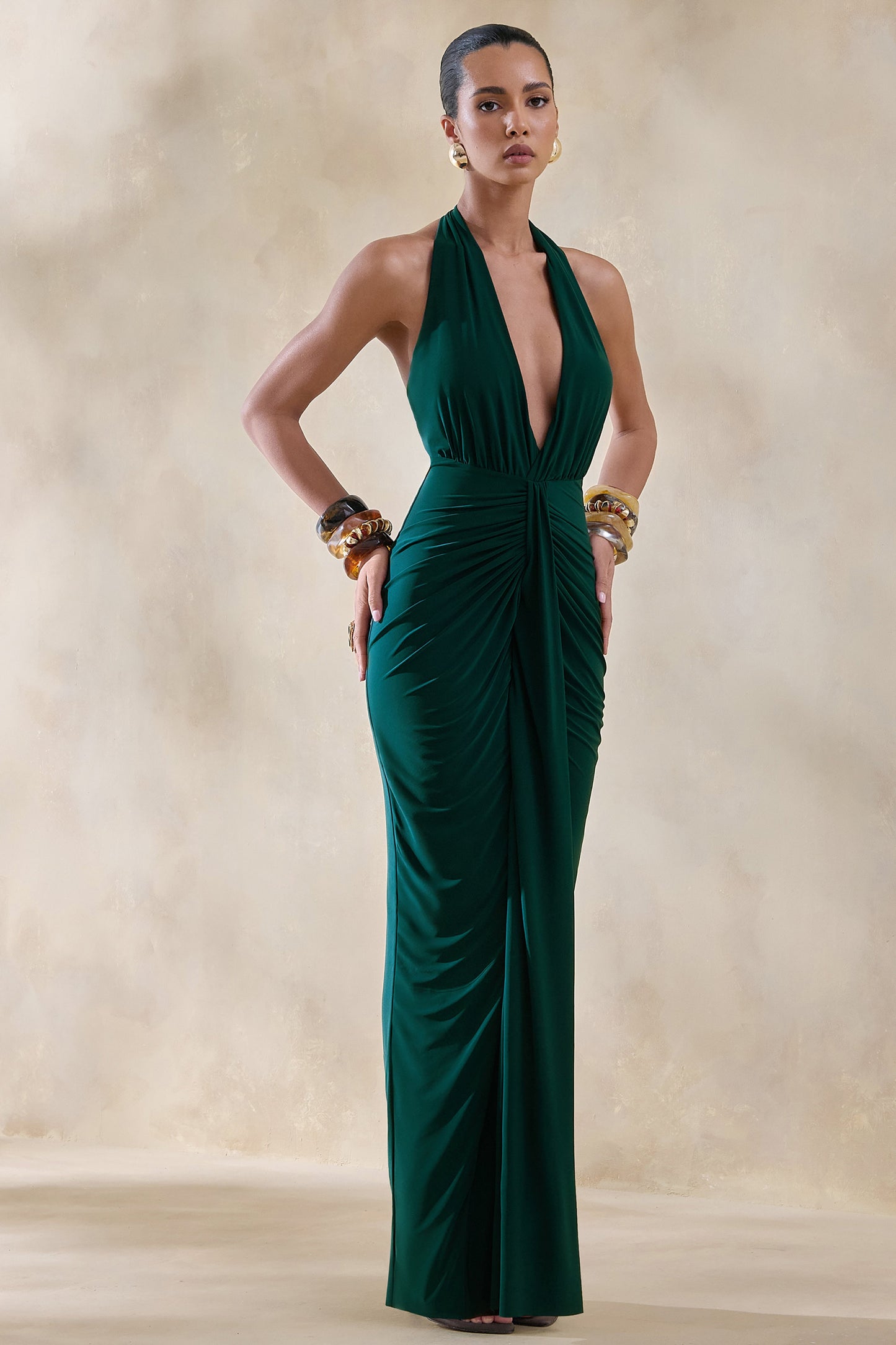 Lesley | Bottle Green Plunge-Neck Maxi Dress