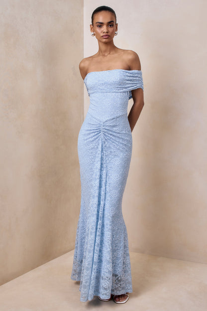 Elinor | Powder Blue Lace Bardot-Neck Maxi Dress With Gathered-Detailing
