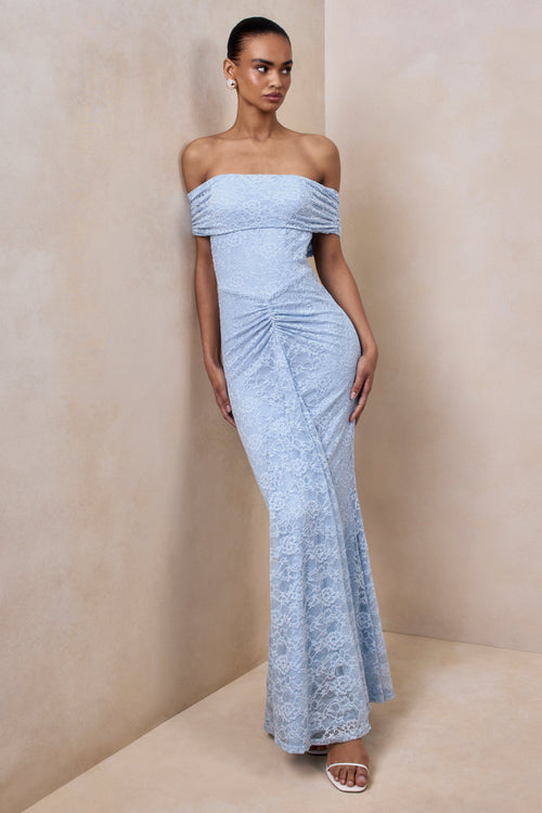 Elinor | Powder Blue Lace Bardot-Neck Maxi Dress With Gathered-Detailing