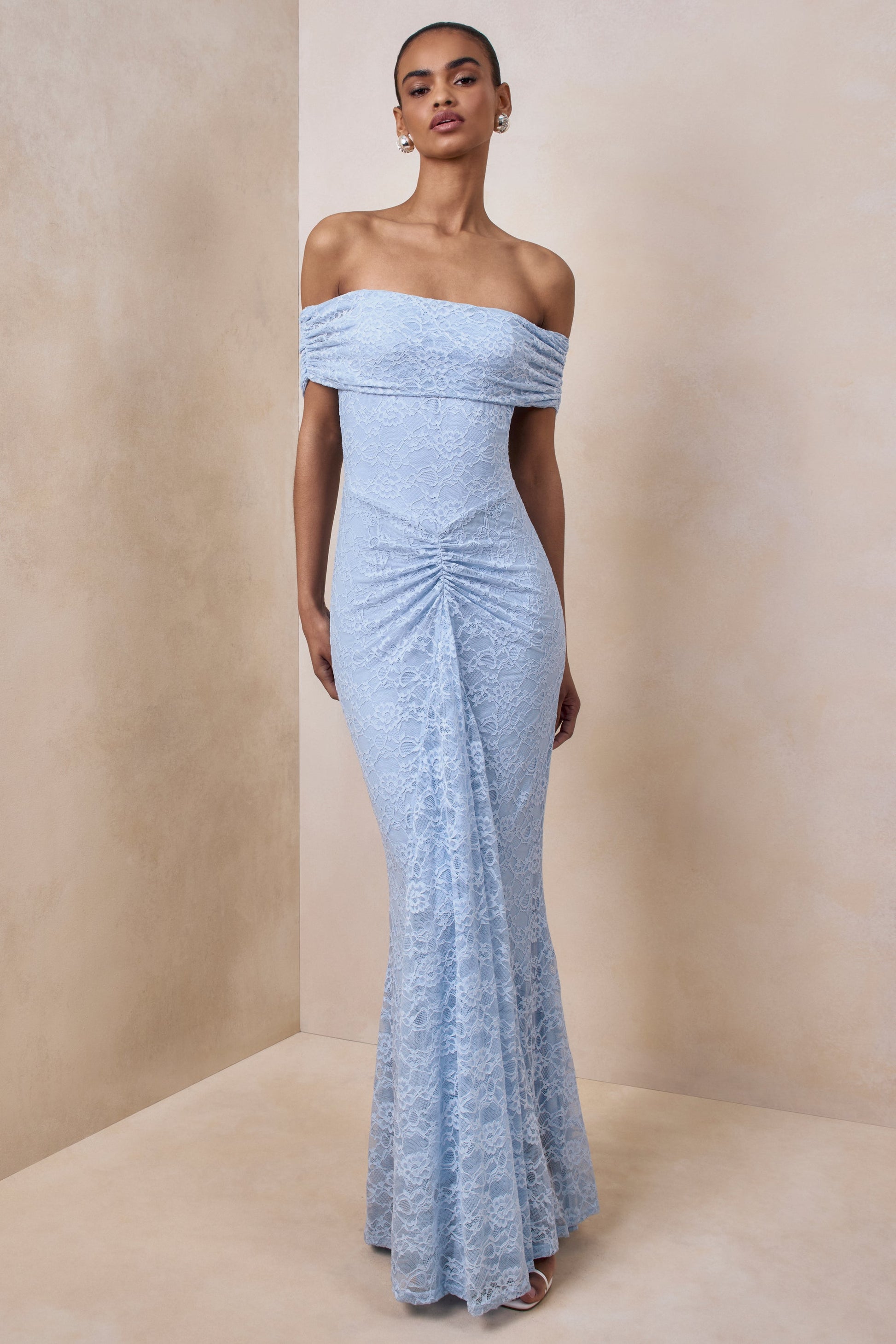 Elinor | Powder Blue Lace Bardot-Neck Maxi Dress With Gathered-Detailing