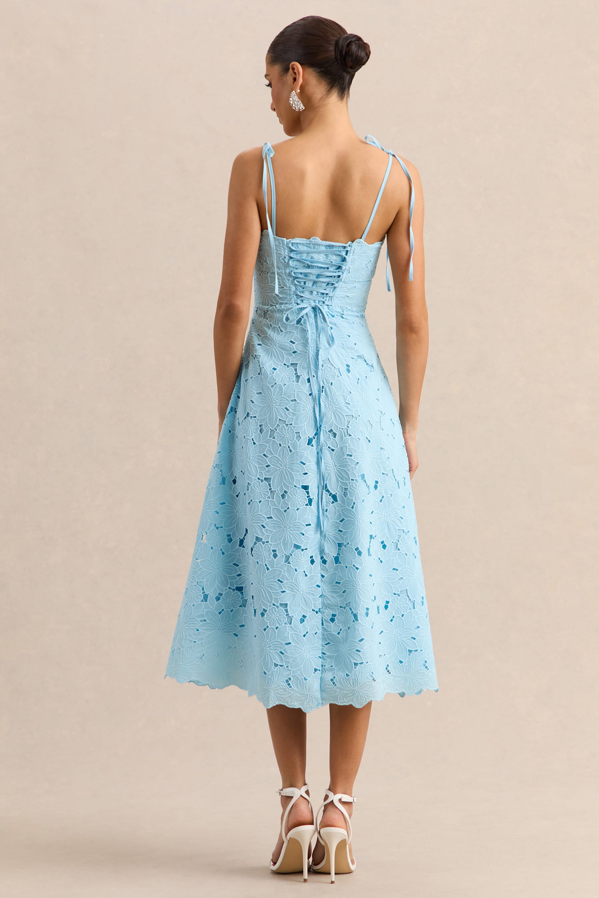 Anna | Embroidered Powder Blue Square-Neck Midi Dress