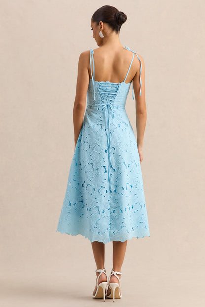 Anna | Embroidered Powder Blue Square-Neck Midi Dress