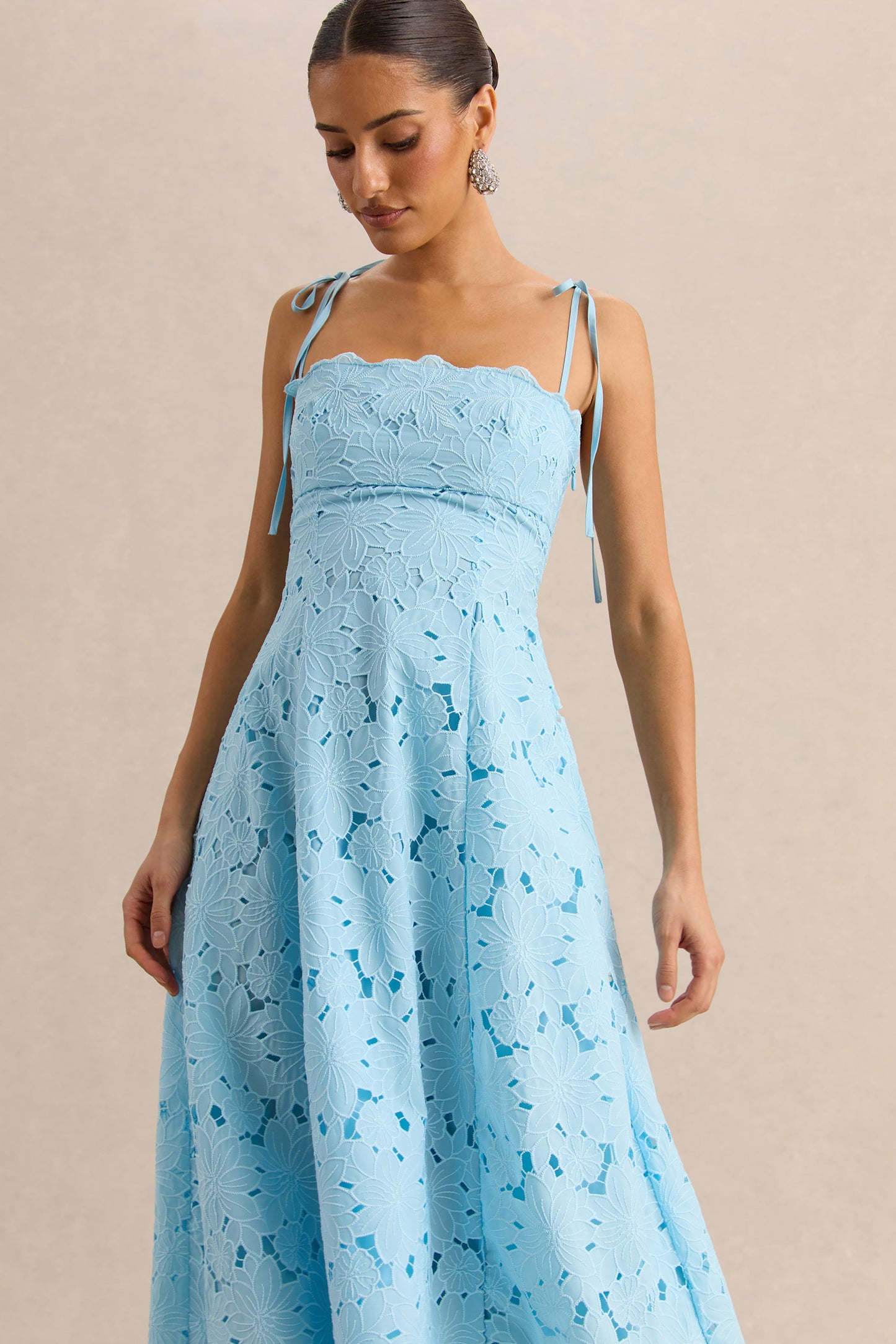 Anna | Embroidered Powder Blue Square-Neck Midi Dress