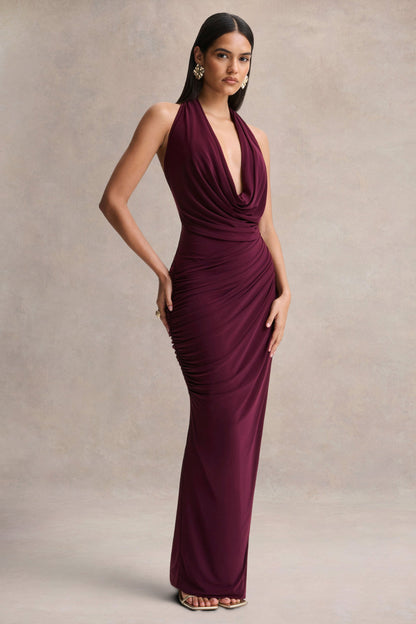 Cairo | Burgundy Cowl-Neck Maxi Dress With Gathered Detailing