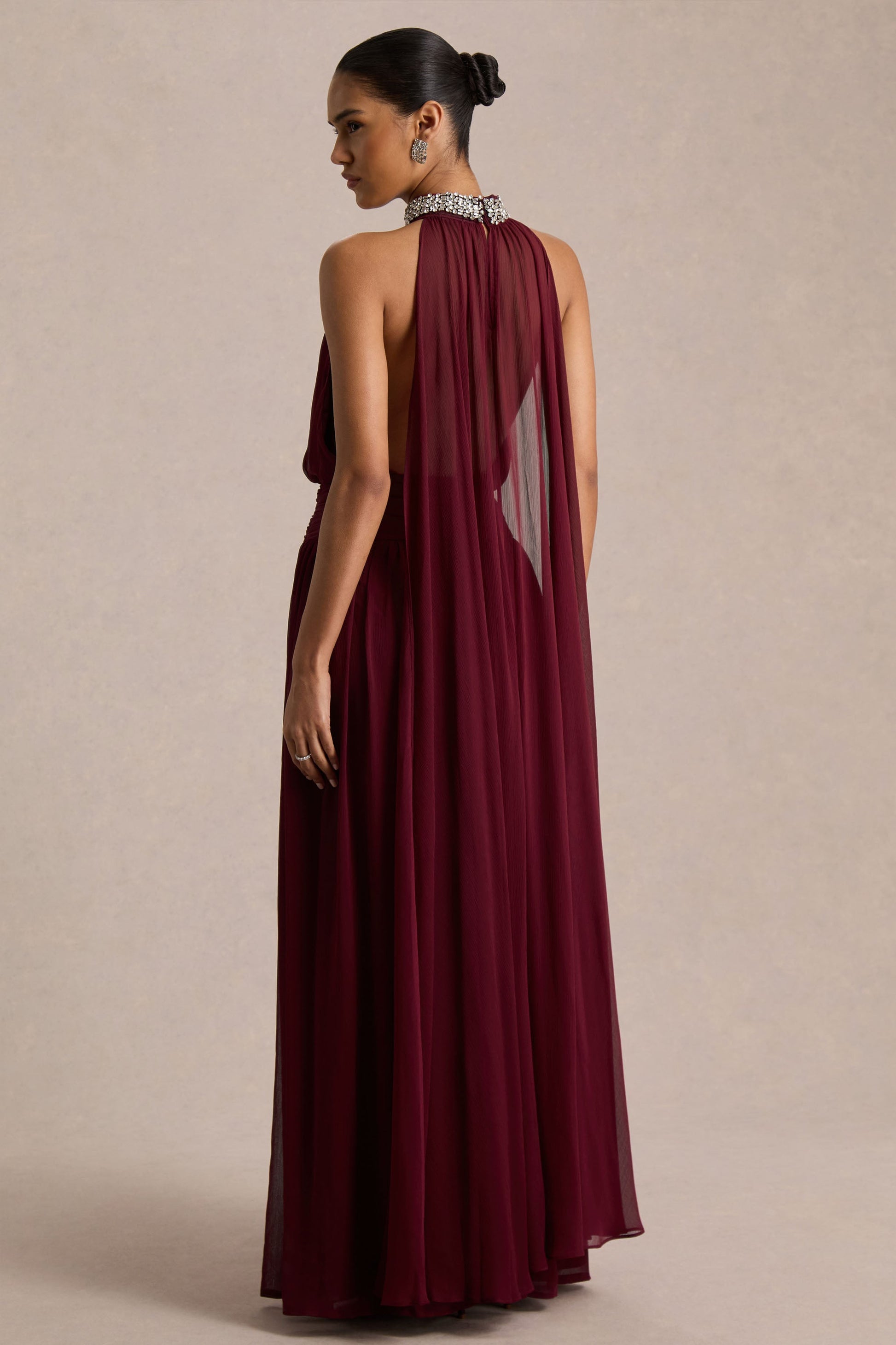 Marie | Burgundy Halter-Neck Maxi Dress With Embellished Detailing