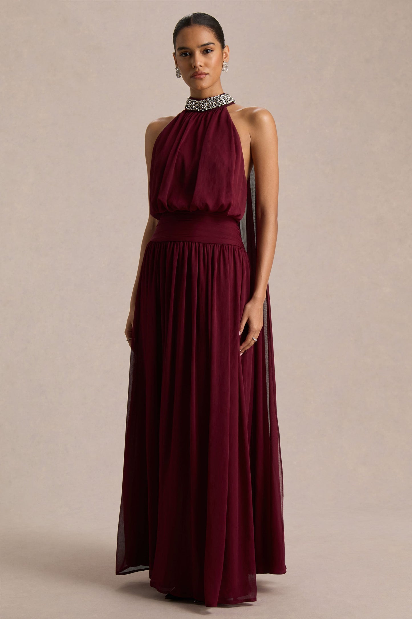 Marie | Burgundy Halter-Neck Maxi Dress With Embellished Detailing