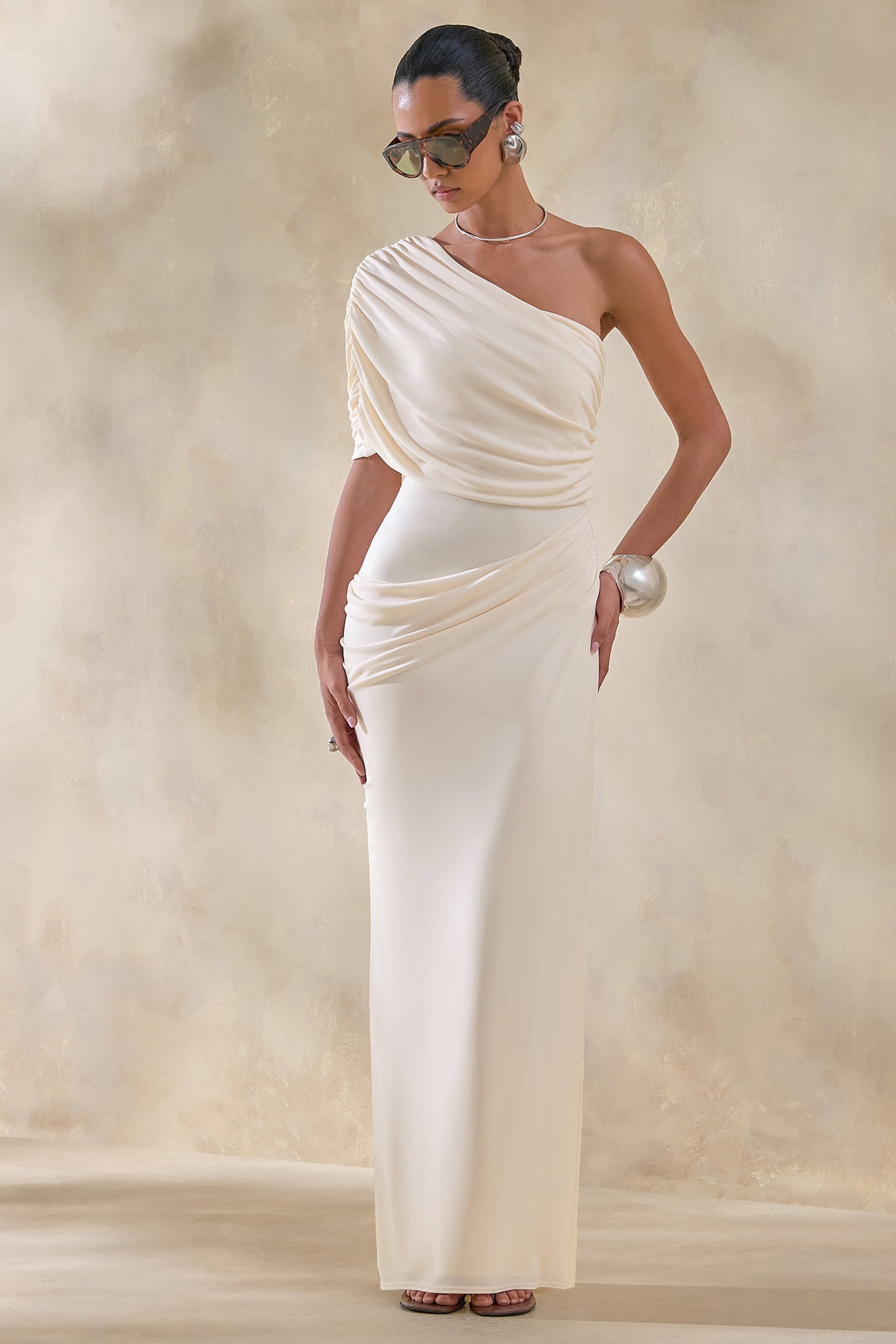 Iberia | Cream Asymmetric-Neck Maxi Dress With Draped Detail
