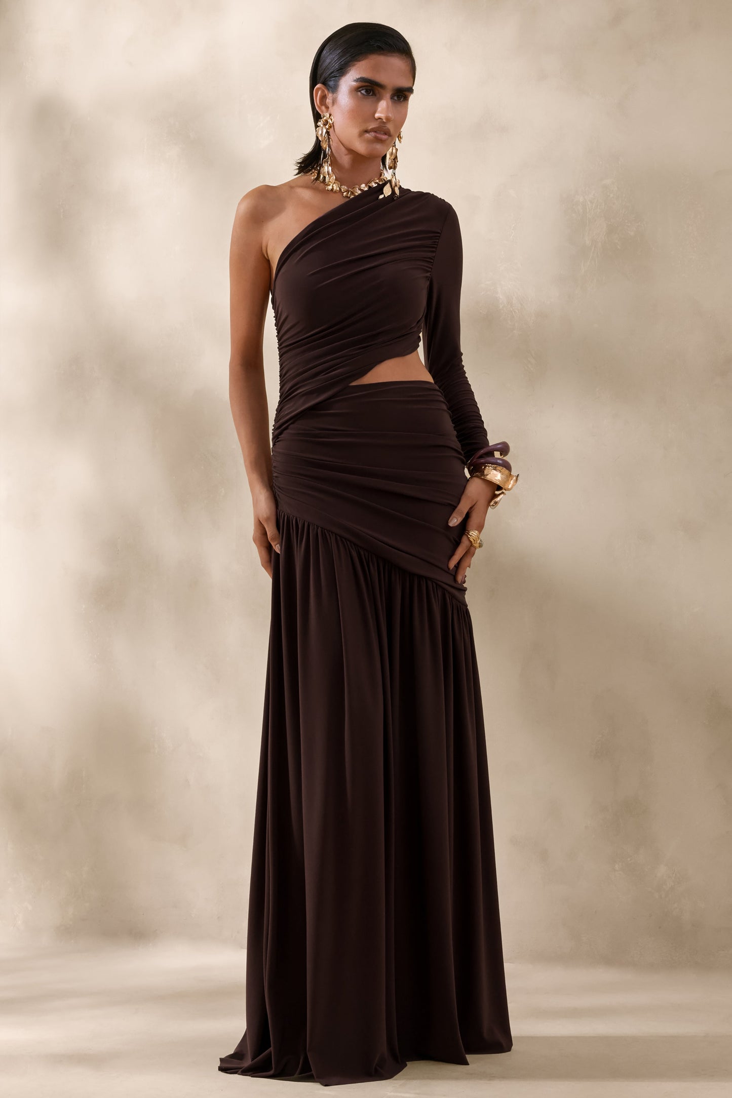 Kinsley | Brown Asymmetric-Neck Maxi Dress With Body Cut-Out Detail