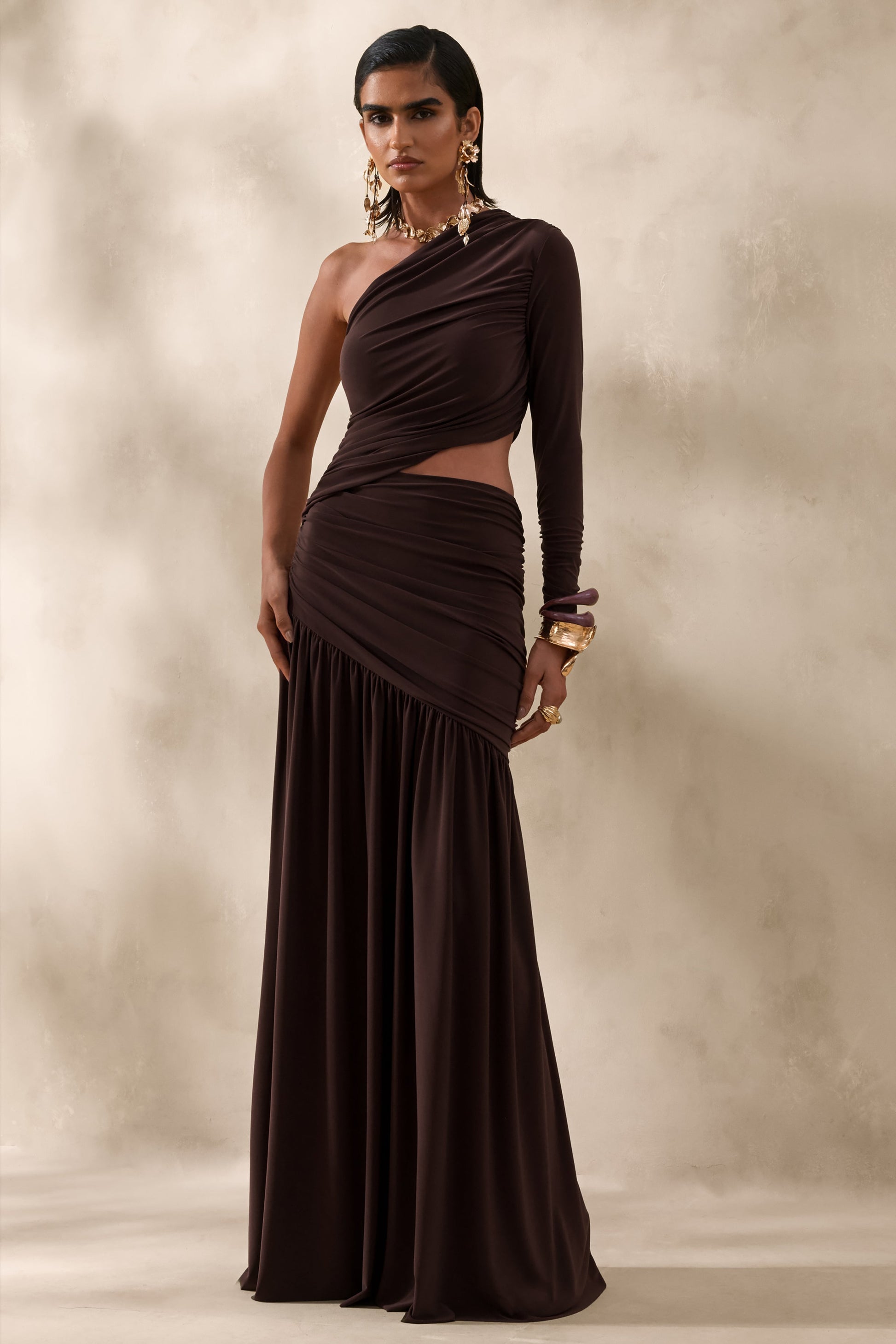 Kinsley | Brown Asymmetric-Neck Maxi Dress With Body Cut-Out Detail