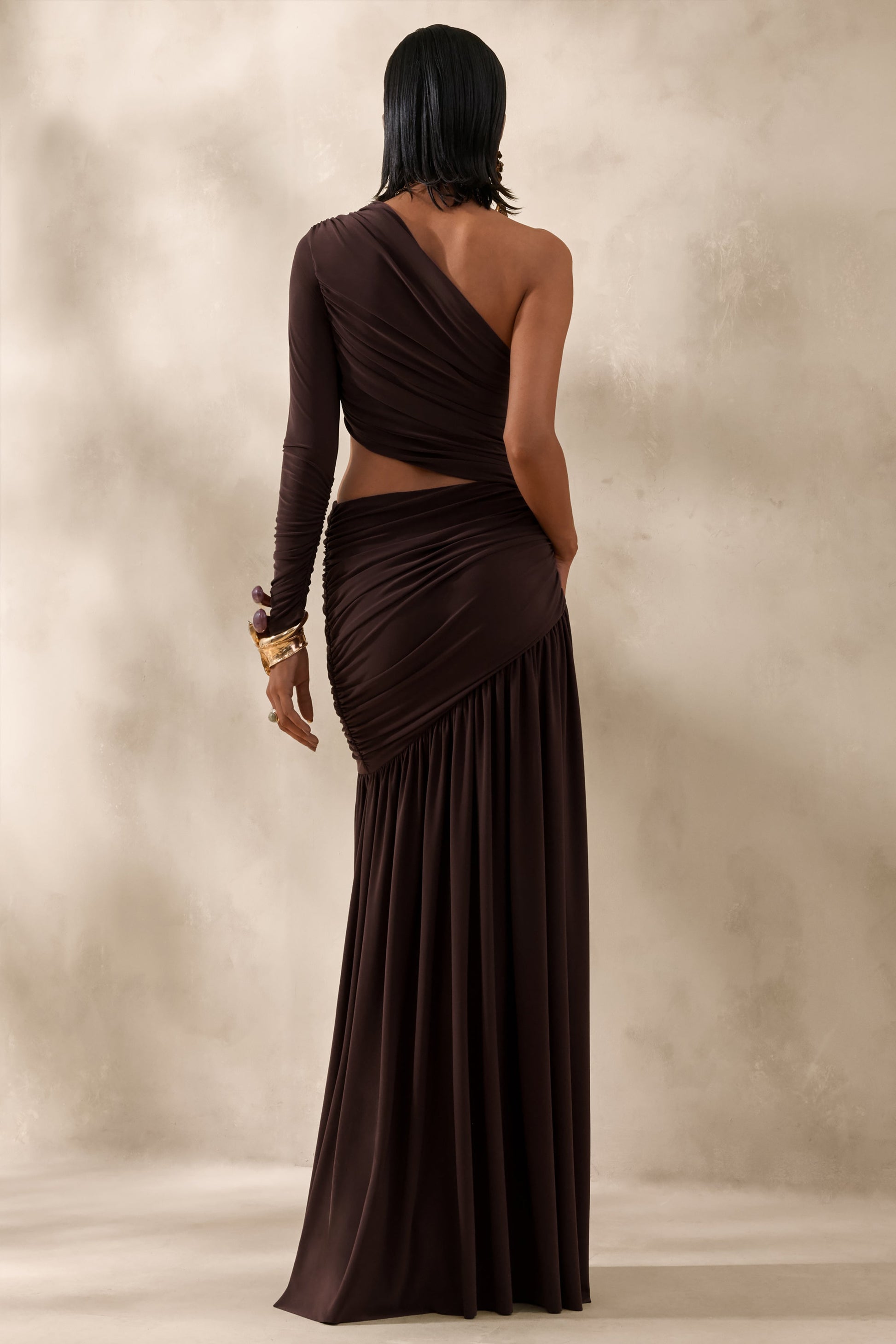 Kinsley | Brown Asymmetric-Neck Maxi Dress With Body Cut-Out Detail