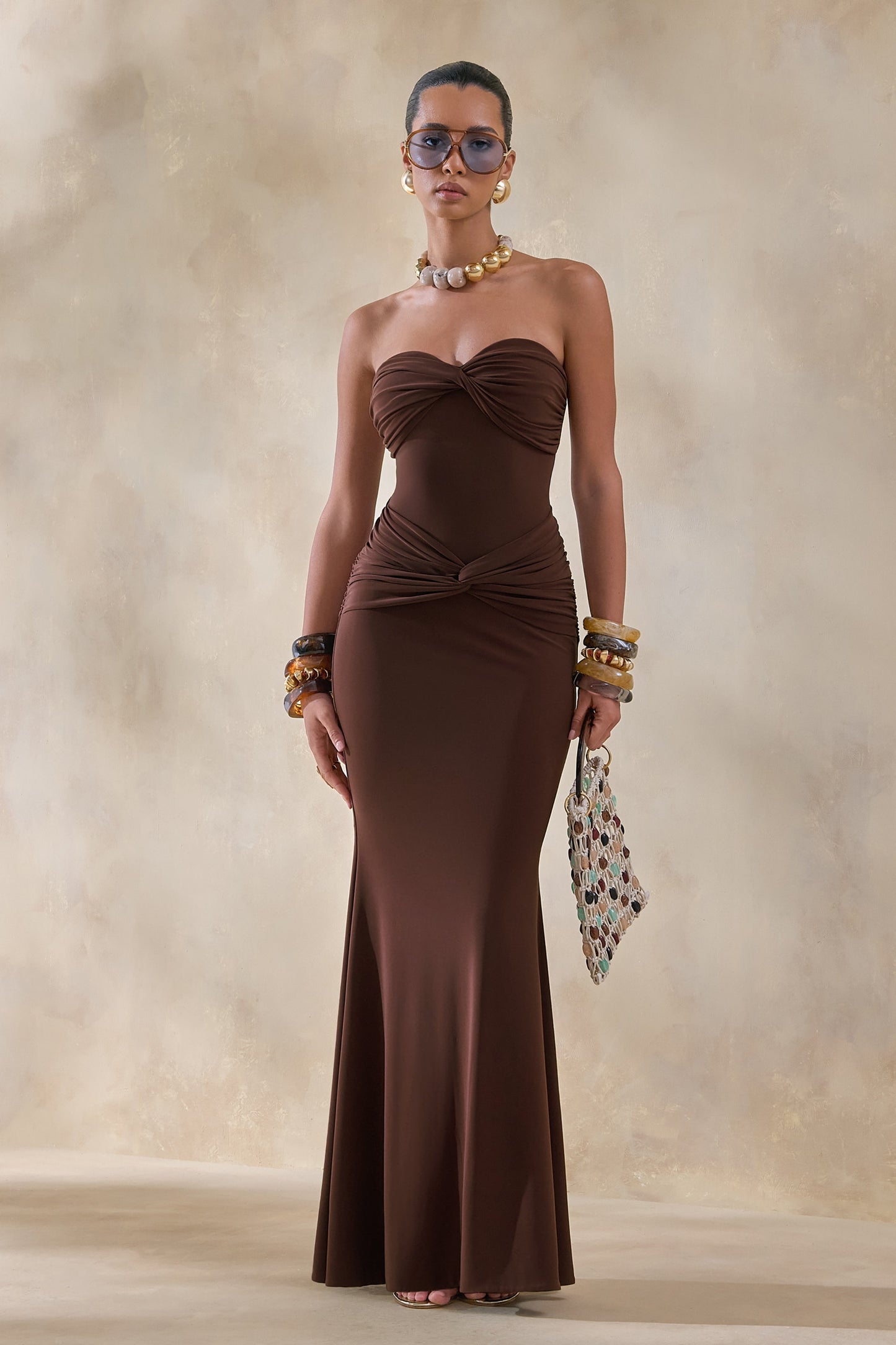 Elodia | Brown Bandeau Maxi Dress With Gathered-Detailing