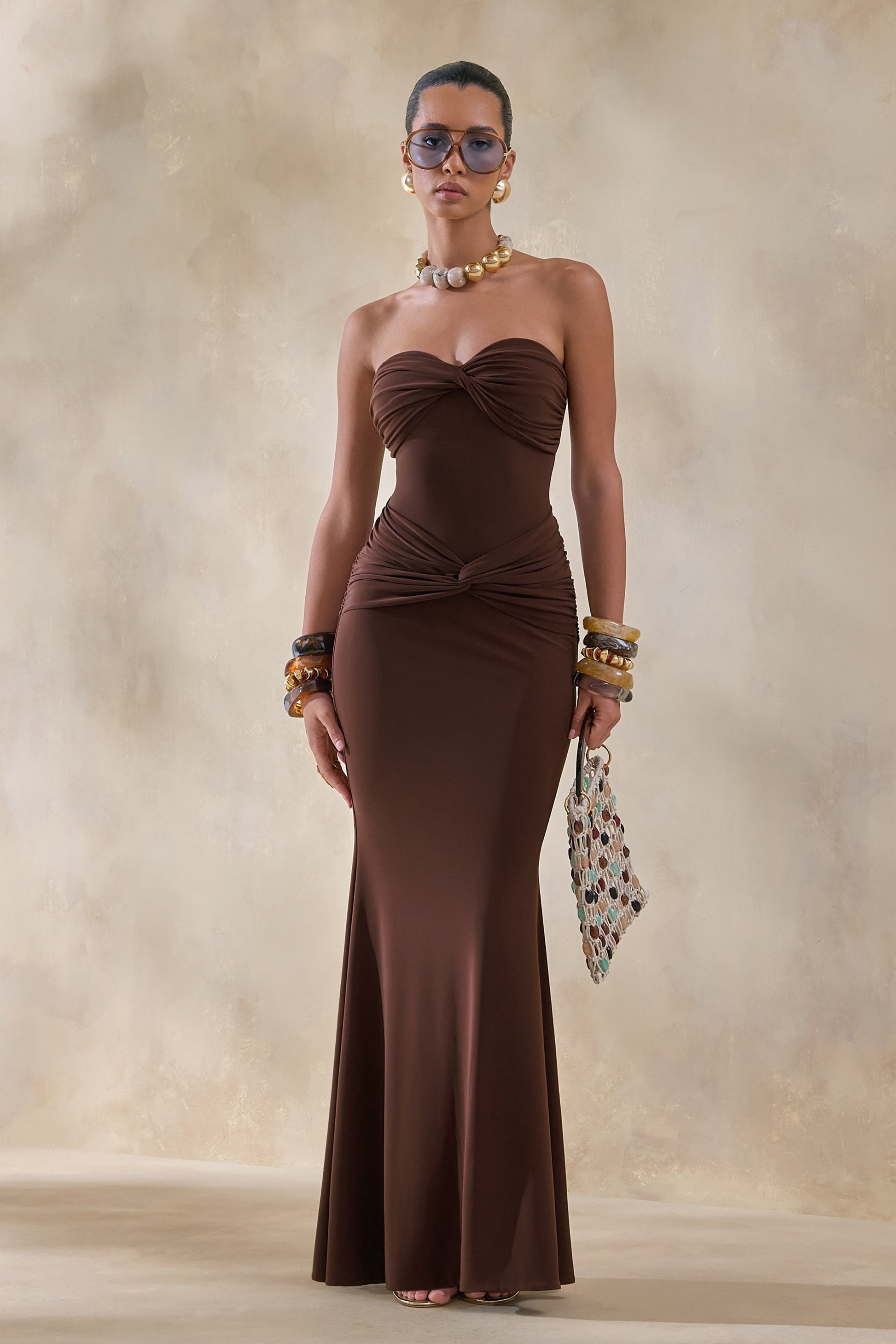 Elodia | Brown Bandeau Maxi Dress With Gathered-Detailing