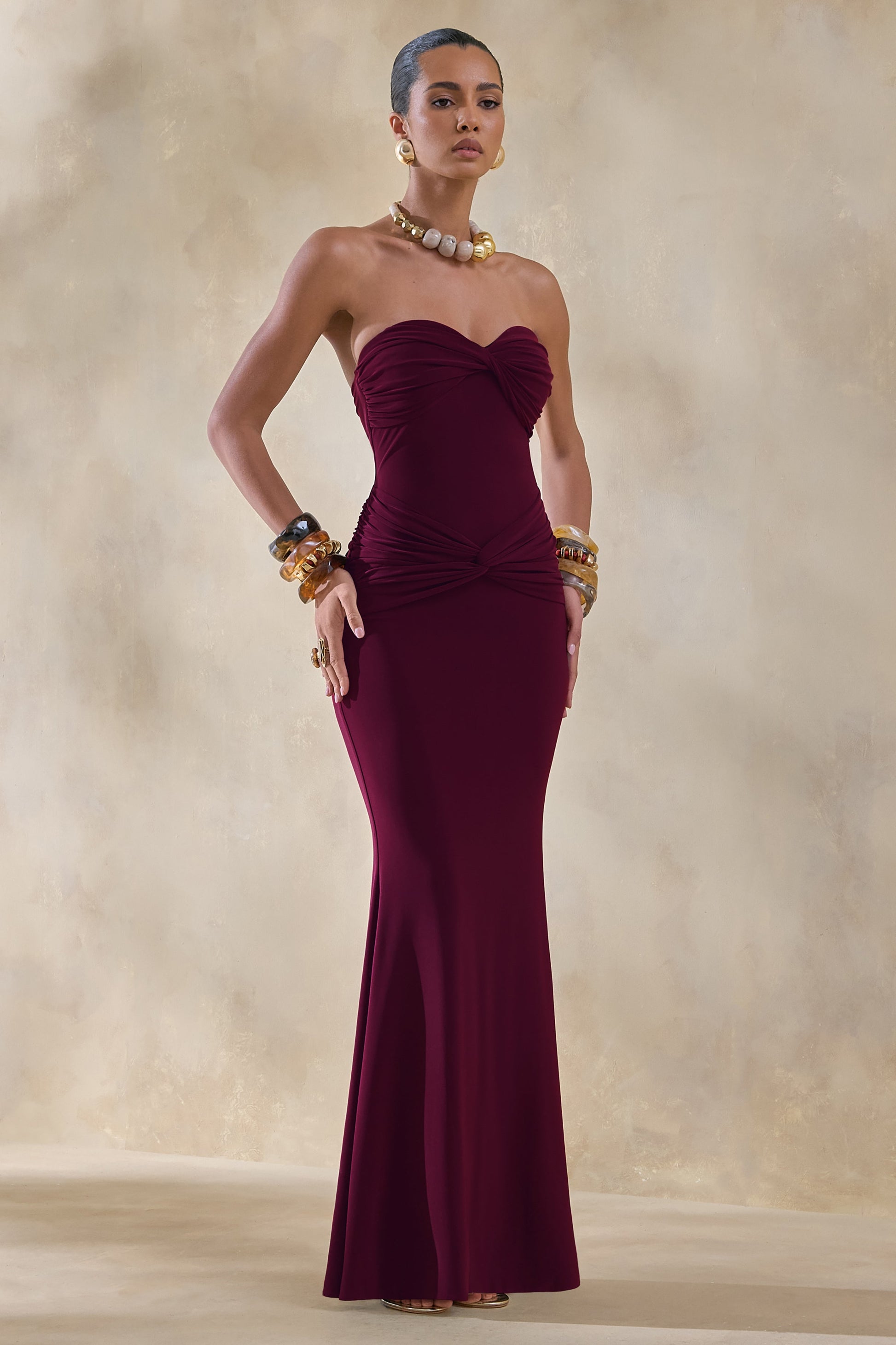 Elodia | Burgundy Bandeau Maxi Dress With Gathered-Detailing