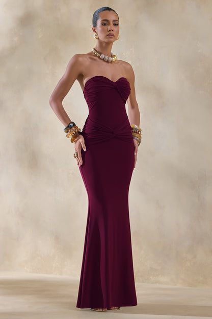 Elodia | Burgundy Bandeau Maxi Dress With Gathered-Detailing