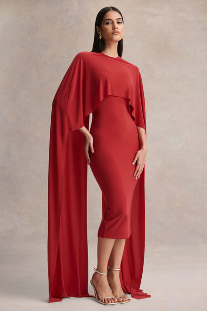 Kalani | Red Crew-Neck Midi Dress With Cape-Sleeves