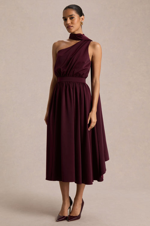 Caluna | Burgundy Satin Asymmetric-Neck Midi Dress With Scarf-Detail