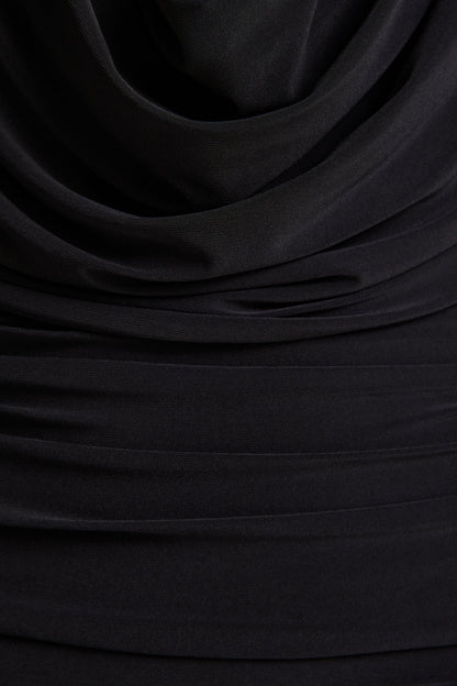 Griselda | Black Plunge-Neck Midi Dress With Sheer Long-Sleeves