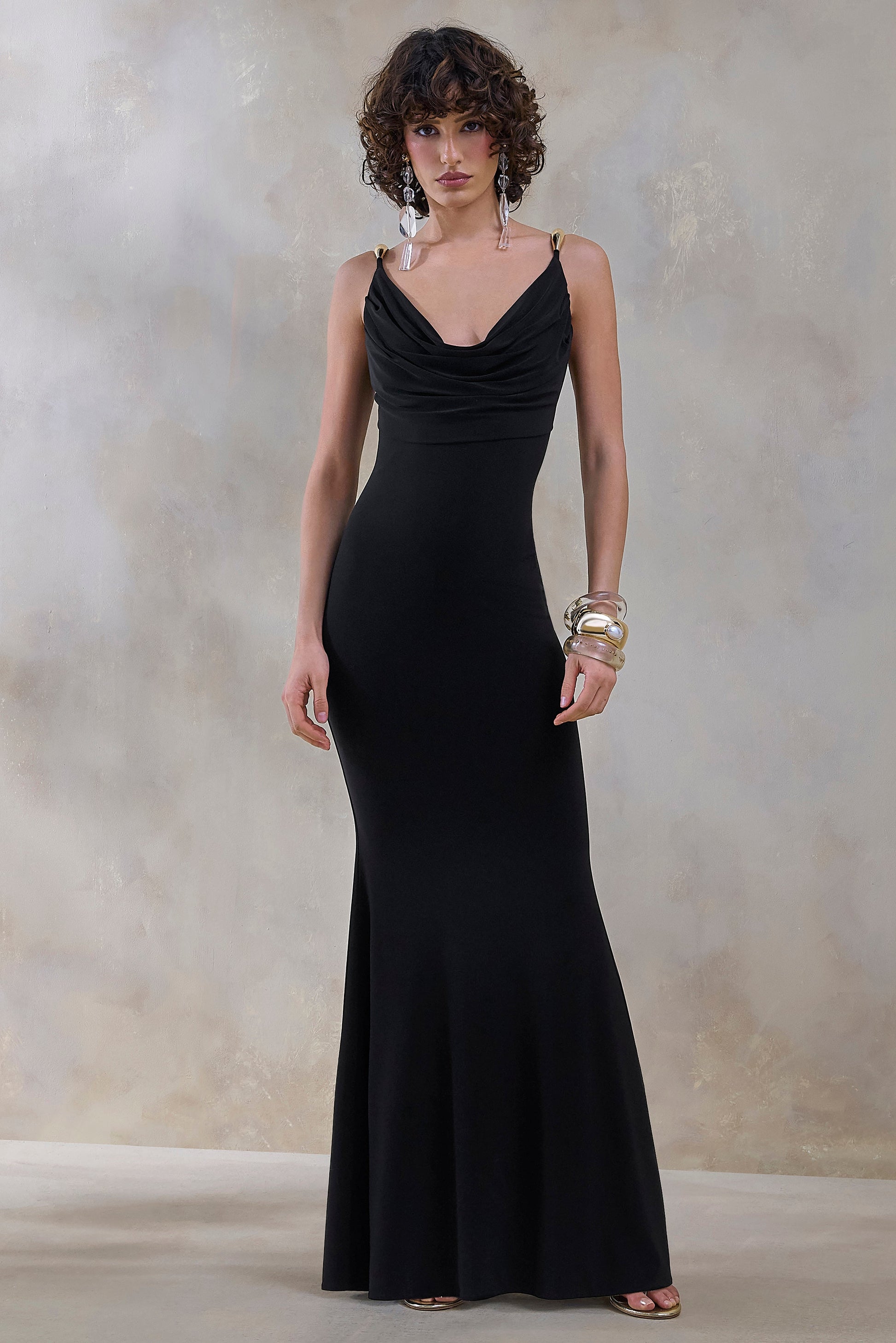 Iridessa | Black Plunge-Neck Maxi Dress