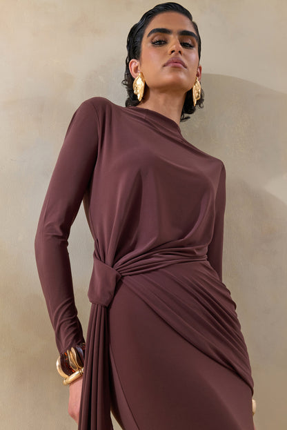 Kyrissa | Brown High-Neck Maxi Dress With Gathered-Detailing