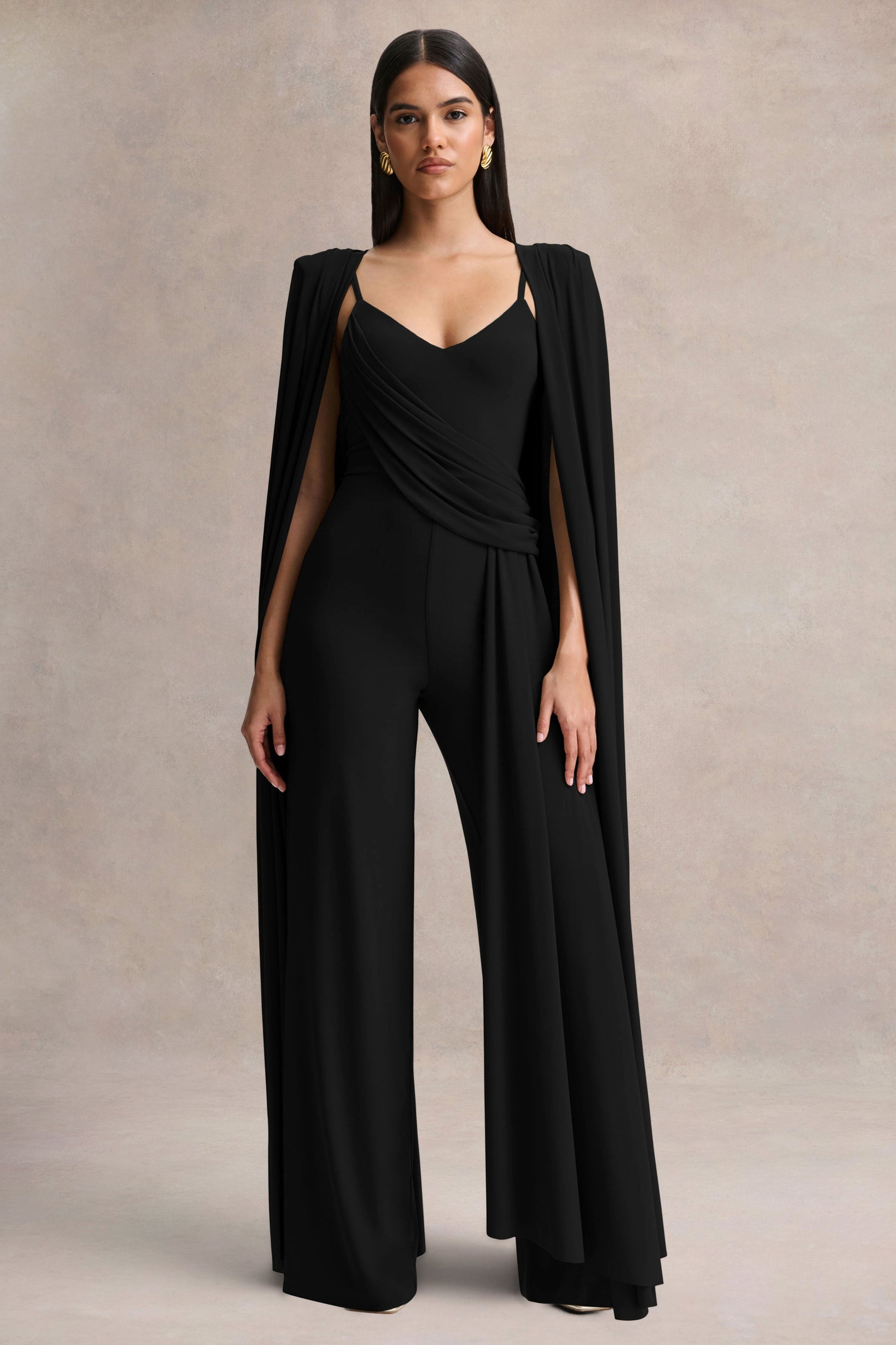 Labina | Black Plunge-Neck Jumpsuit With Cape-Sleeves