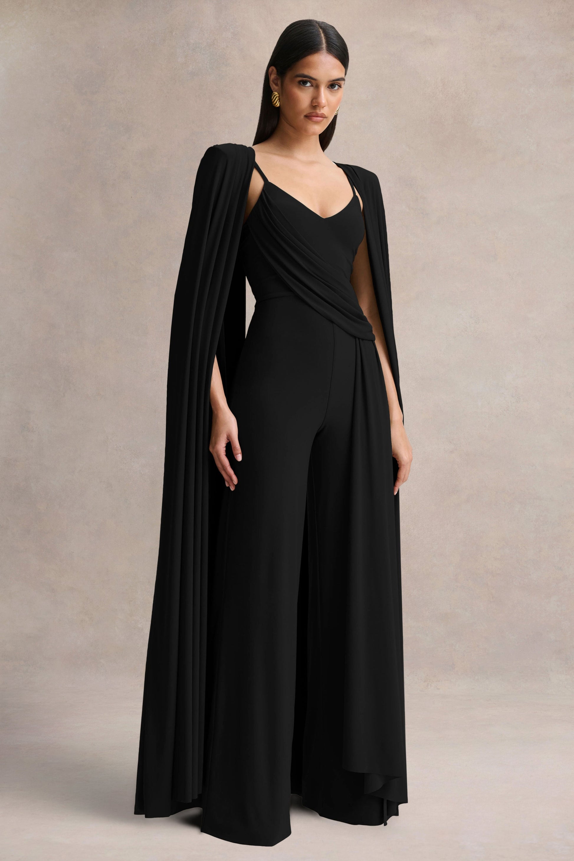 Labina | Black Plunge-Neck Jumpsuit With Cape-Sleeves