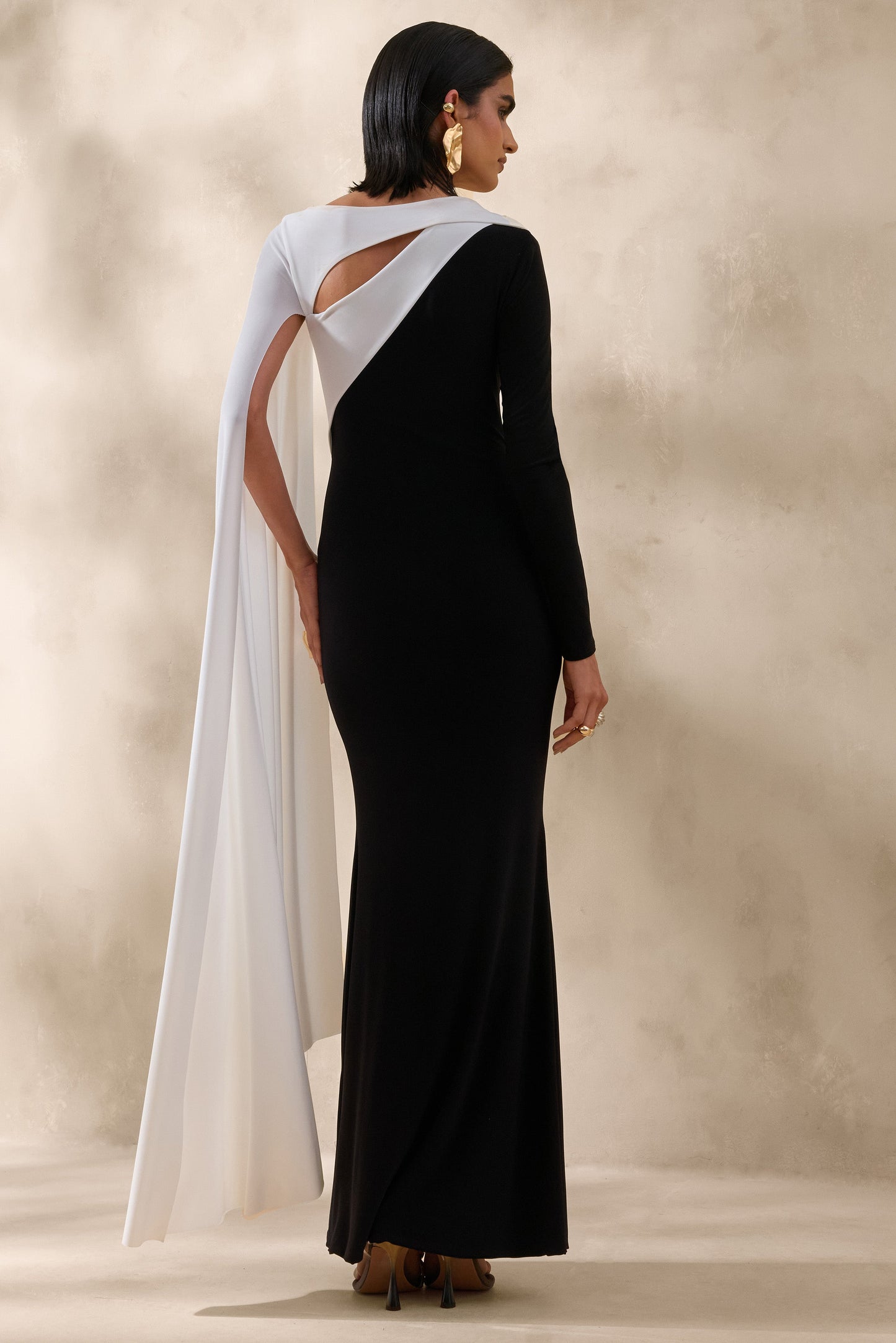 Dabria | Black And White Asymmetric-Neck Maxi Dress With Cape-Sleeve