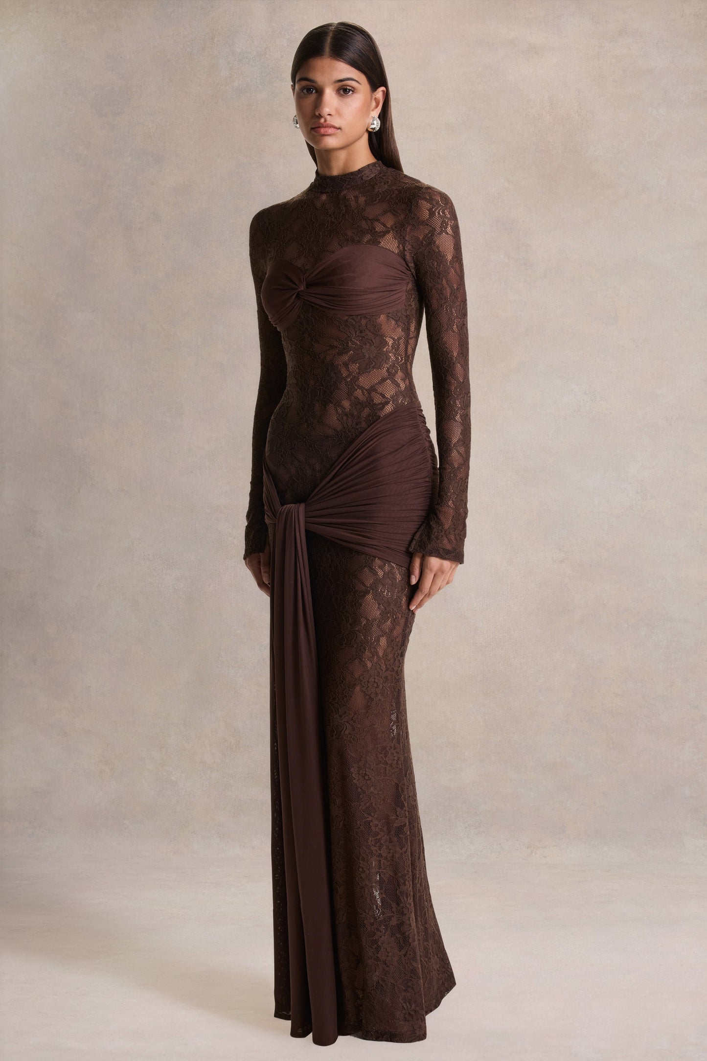 Akira | Brown Lace Maxi Dress With Sash-Detail