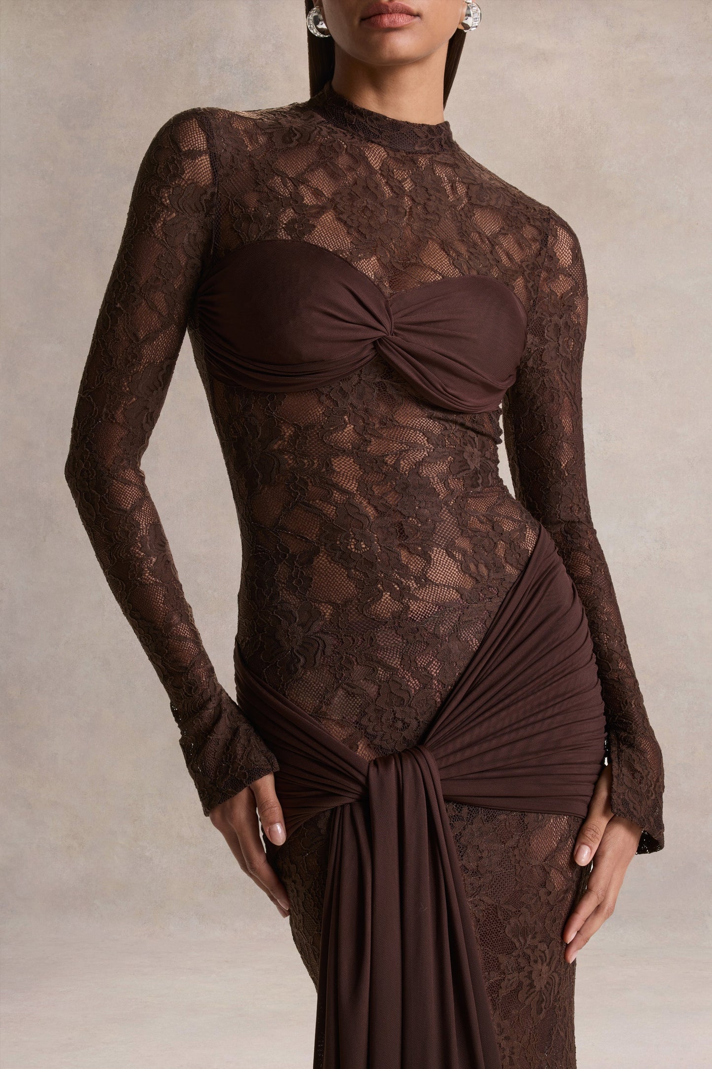 Akira | Brown Lace Maxi Dress With Sash-Detail