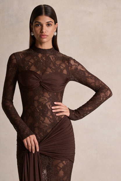 Akira | Brown Lace Maxi Dress With Sash-Detail