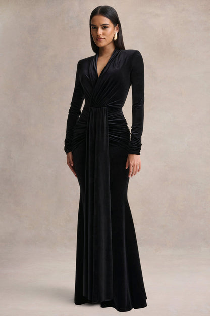 Halima | Black Velvet Plunge-Neck Maxi Dress With Gathered Detailing