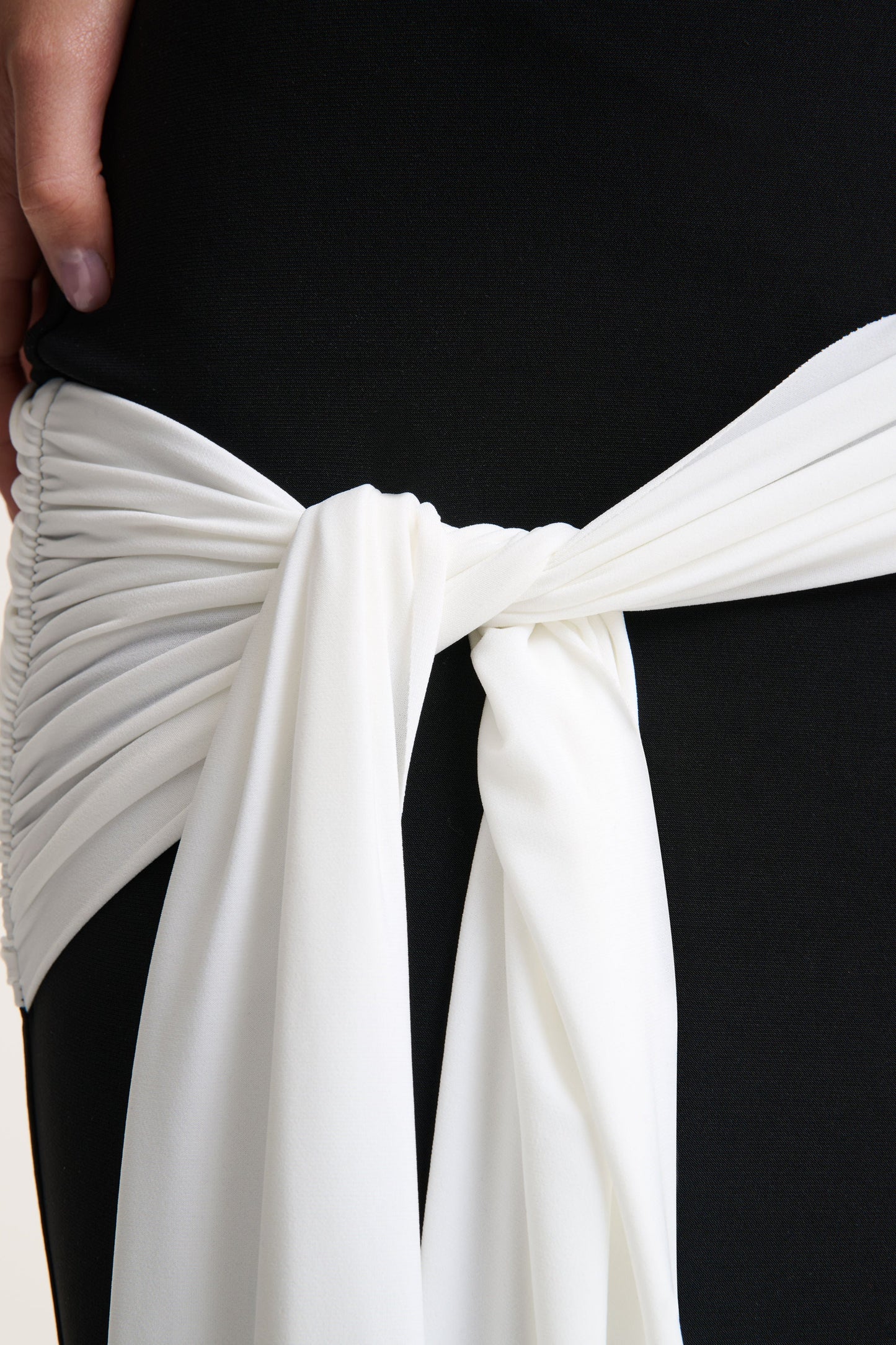Dorinda | Black And White High-Neck Maxi Dress With Drape And Scarf-Detail