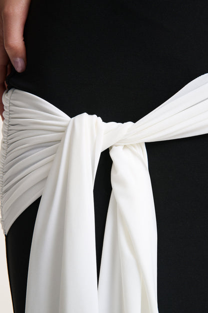 Dorinda | Black And White High-Neck Maxi Dress With Drape And Scarf-Detail