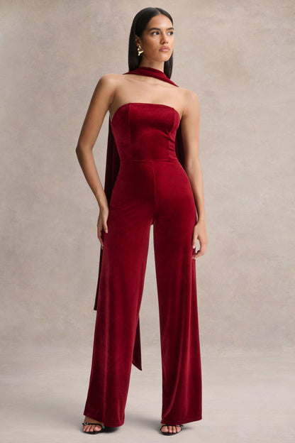 Arcane | Burgundy Velvet Bandeau Jumpsuit With Scarf
