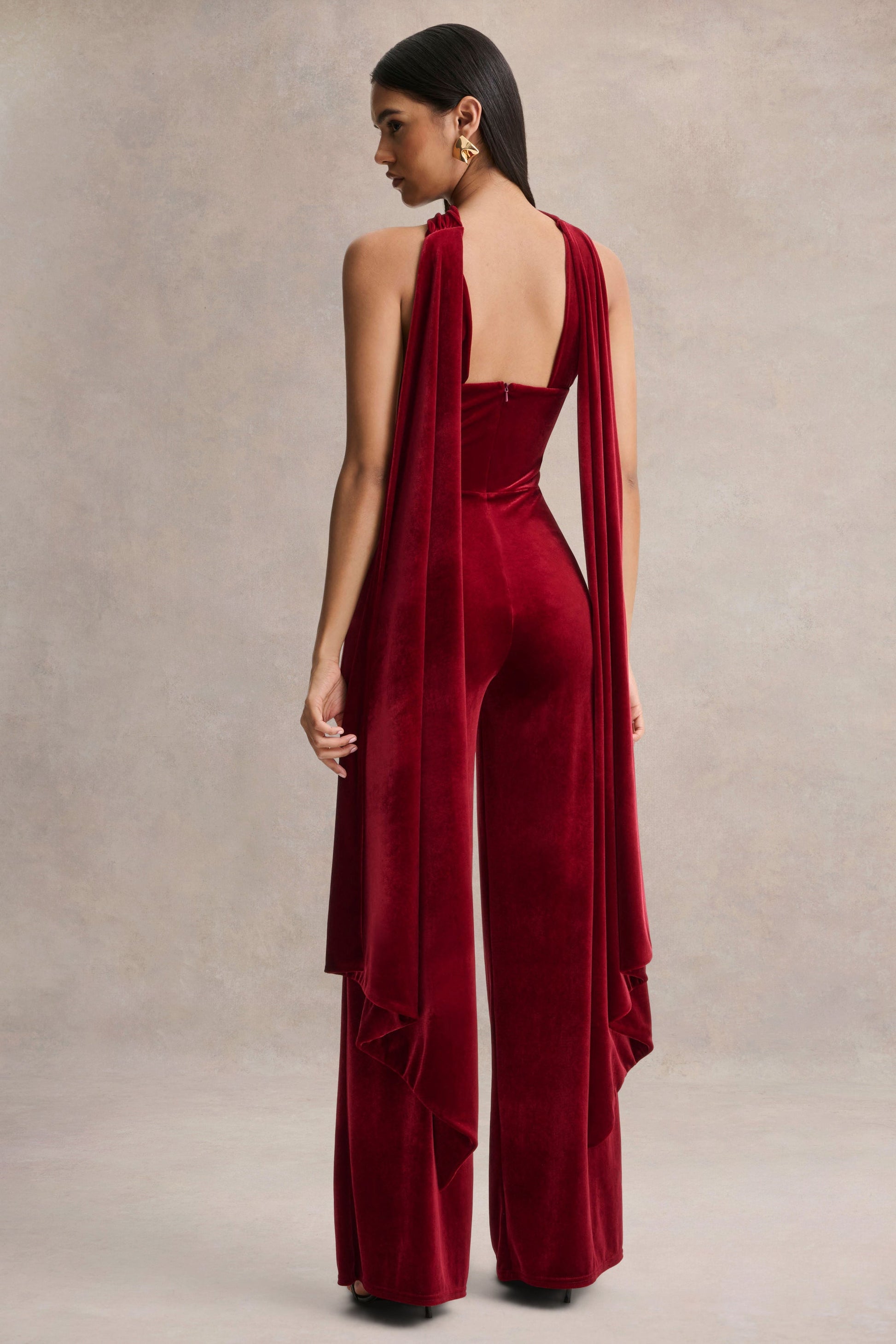 Arcane | Burgundy Velvet Bandeau Jumpsuit With Scarf