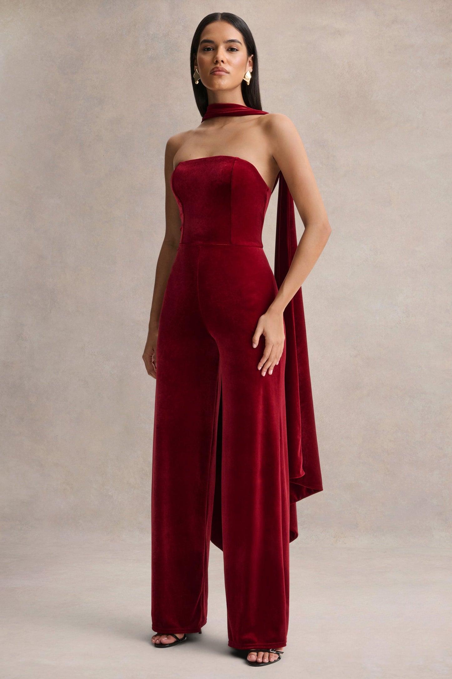 Arcane | Burgundy Velvet Bandeau Jumpsuit With Scarf