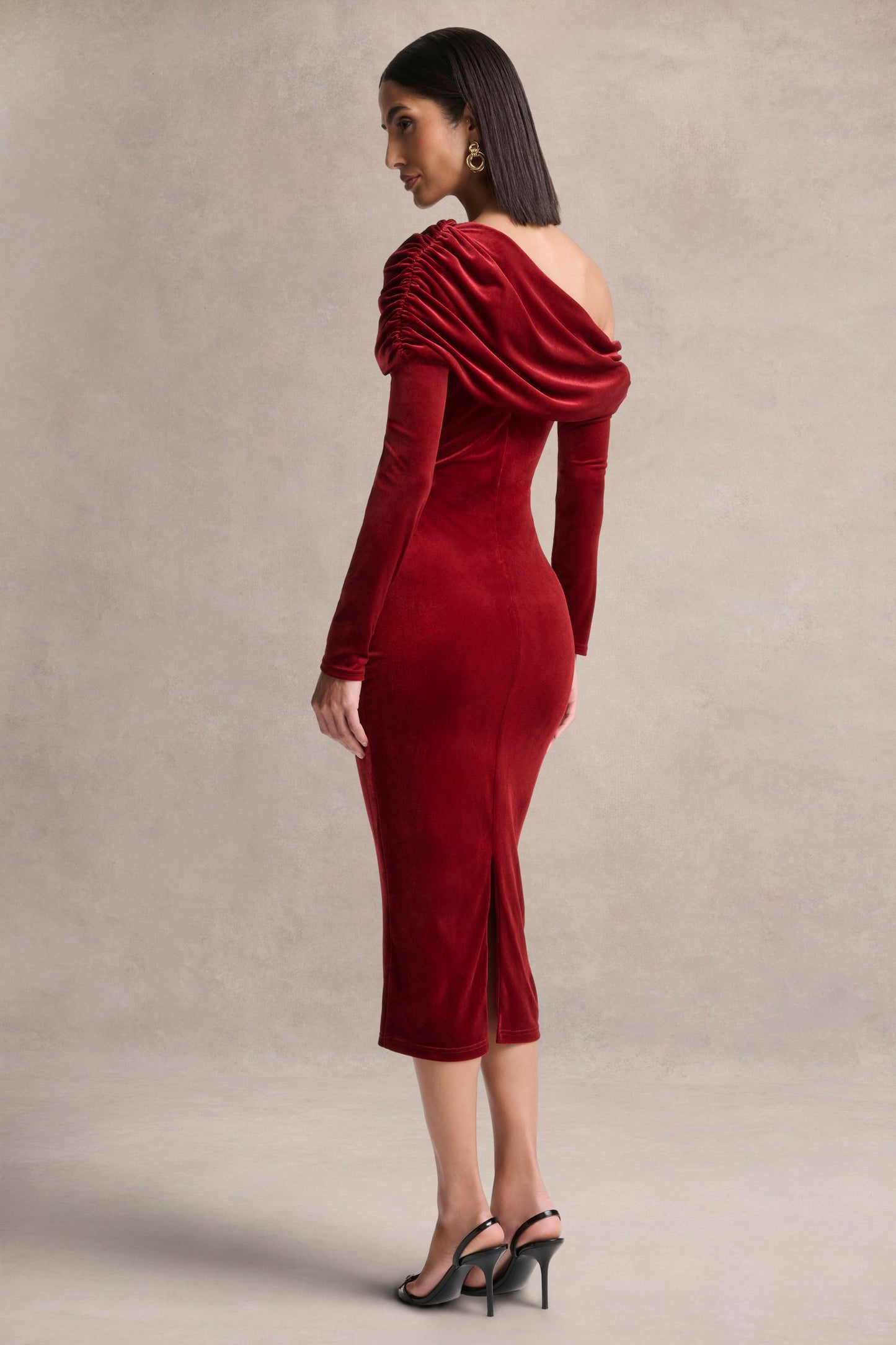 Eirene |  Red Velvet Asymmetric-Neck Midi Dress