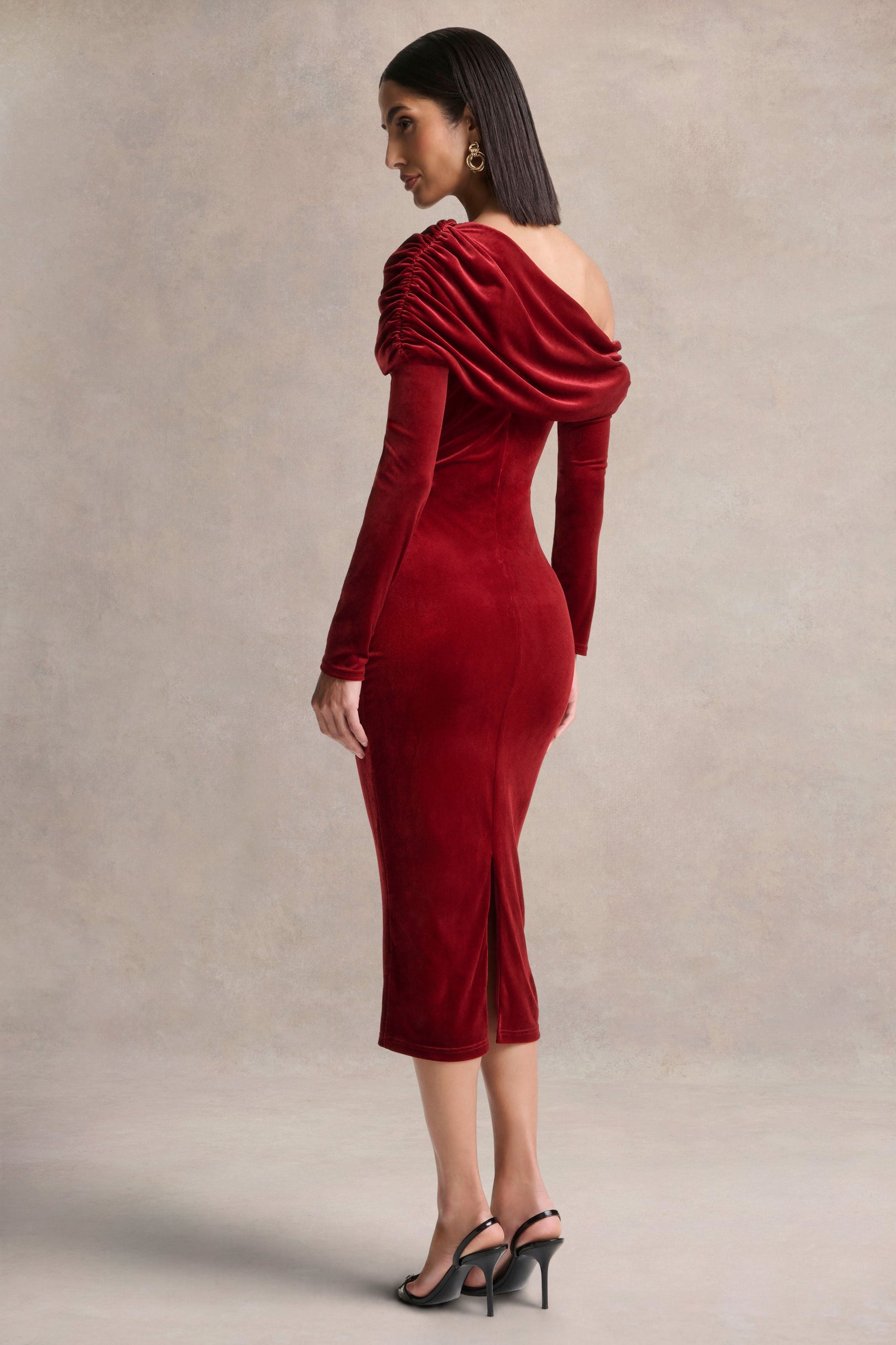 Eirene |  Red Velvet Asymmetric-Neck Midi Dress