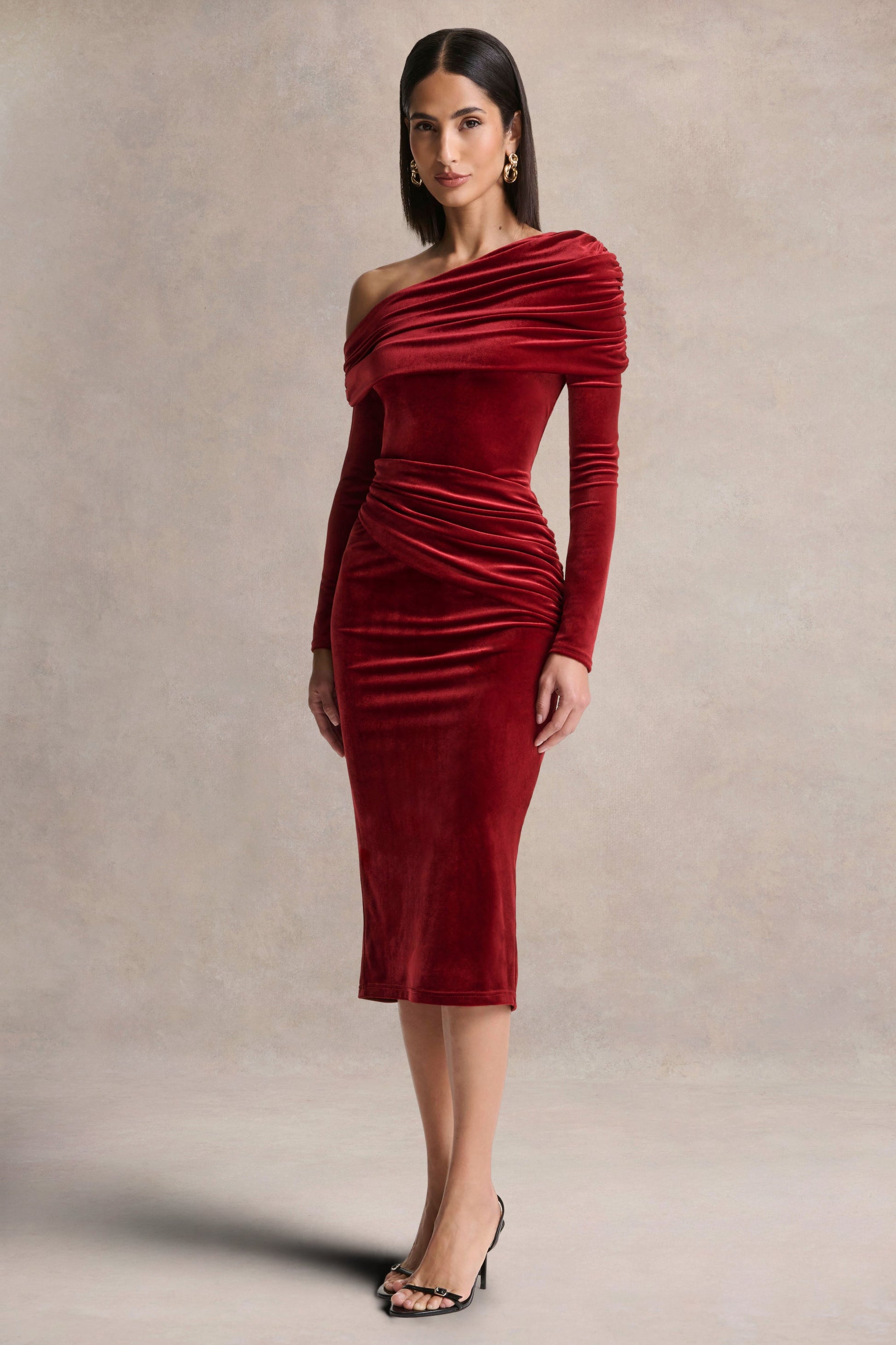 Eirene |  Red Velvet Asymmetric-Neck Midi Dress