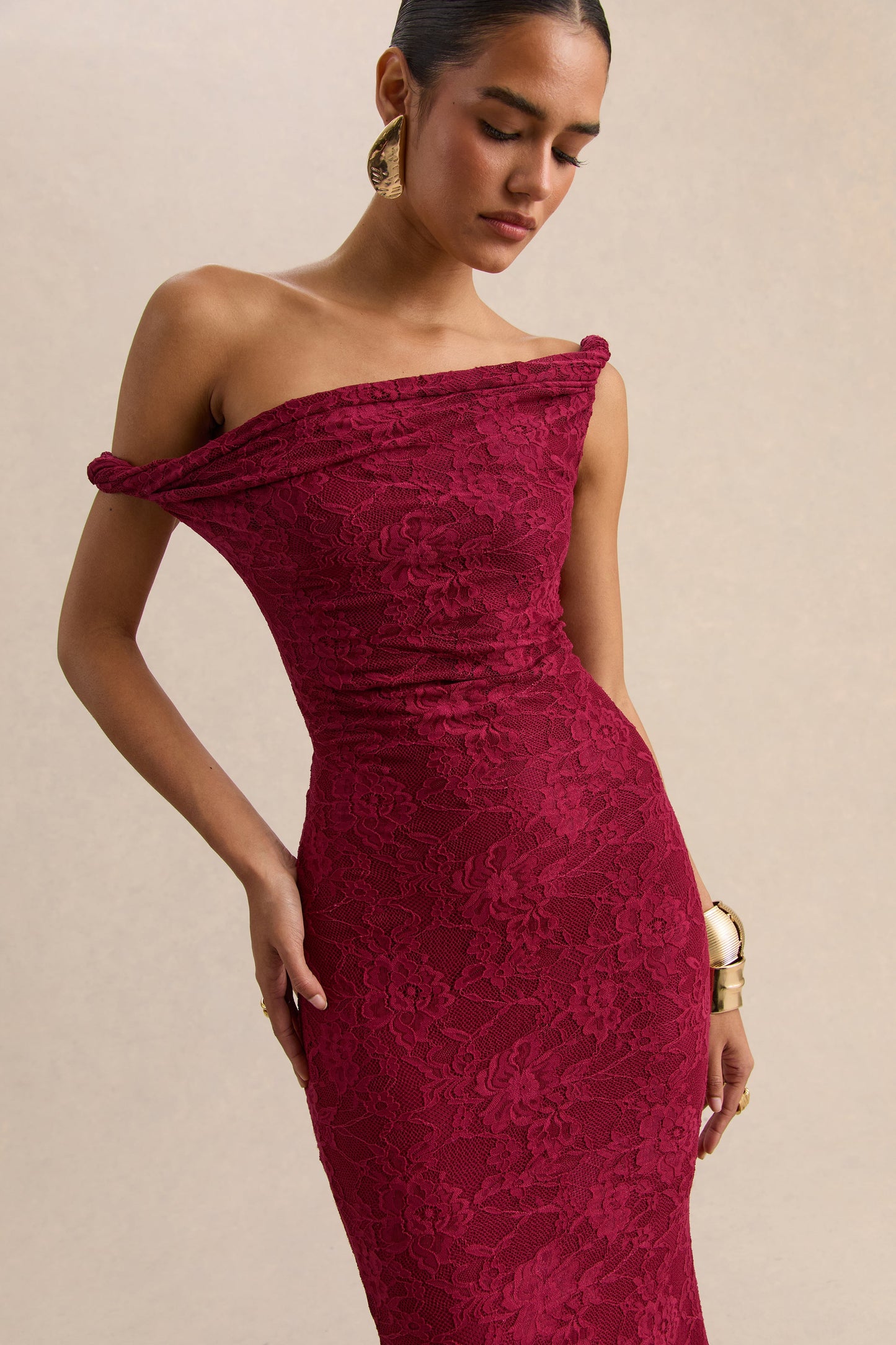 Afina | Burgundy Lace Asymmetric-Neck Maxi Dress